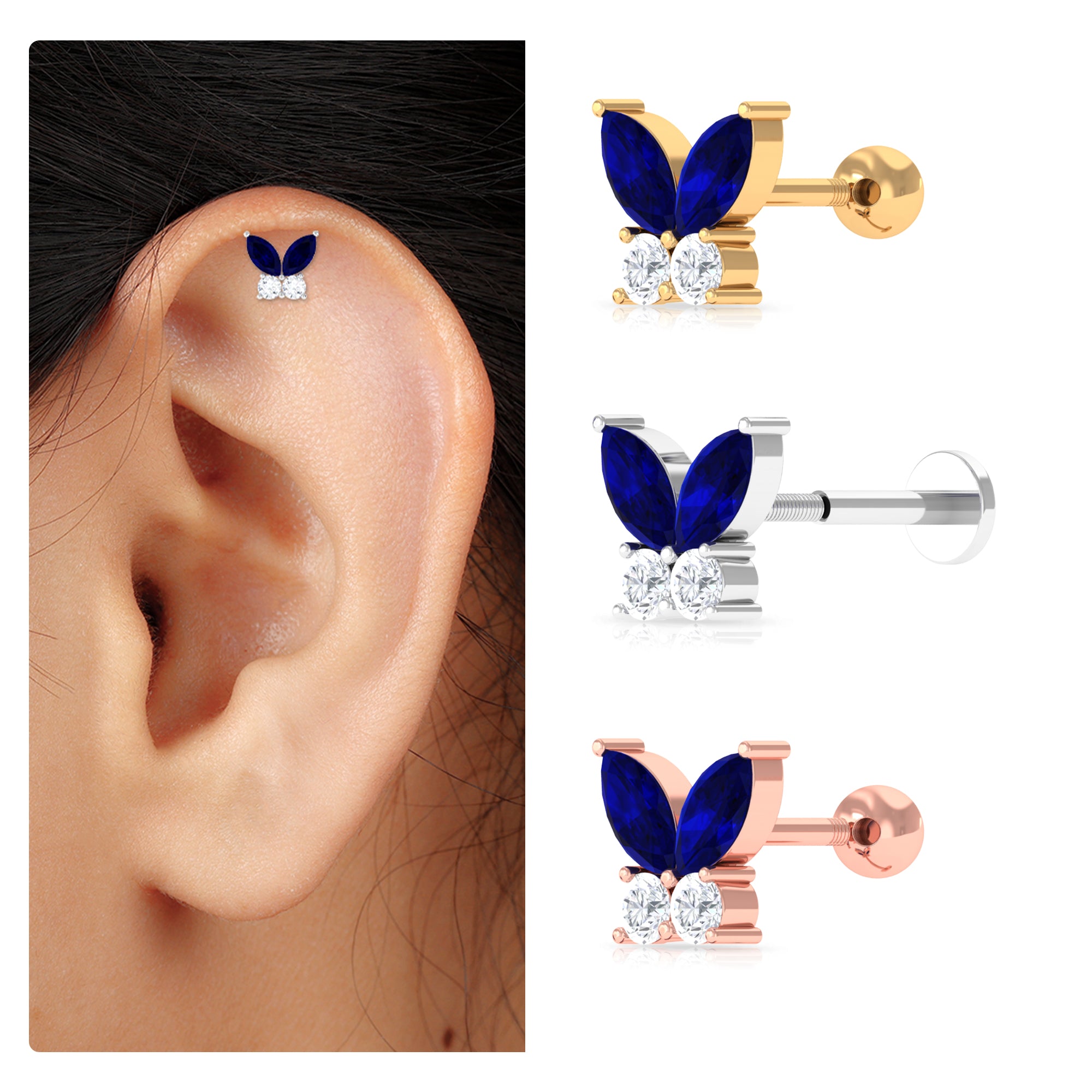 Rosec Jewels-1/2 CT Blue Sapphire Small Butterfly Helix Earring with Moissanite