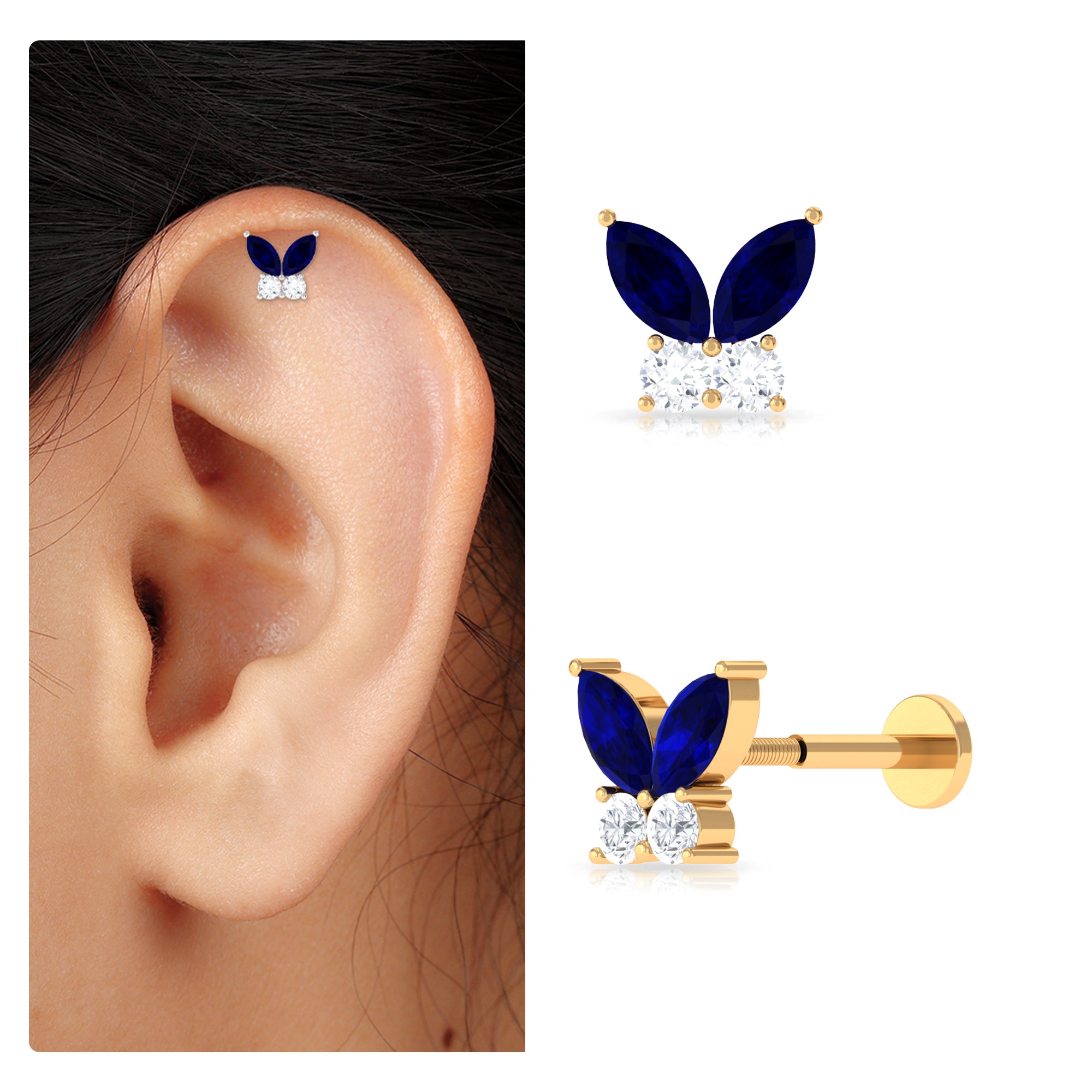 Rosec Jewels-1/2 CT Blue Sapphire Small Butterfly Helix Earring with Moissanite