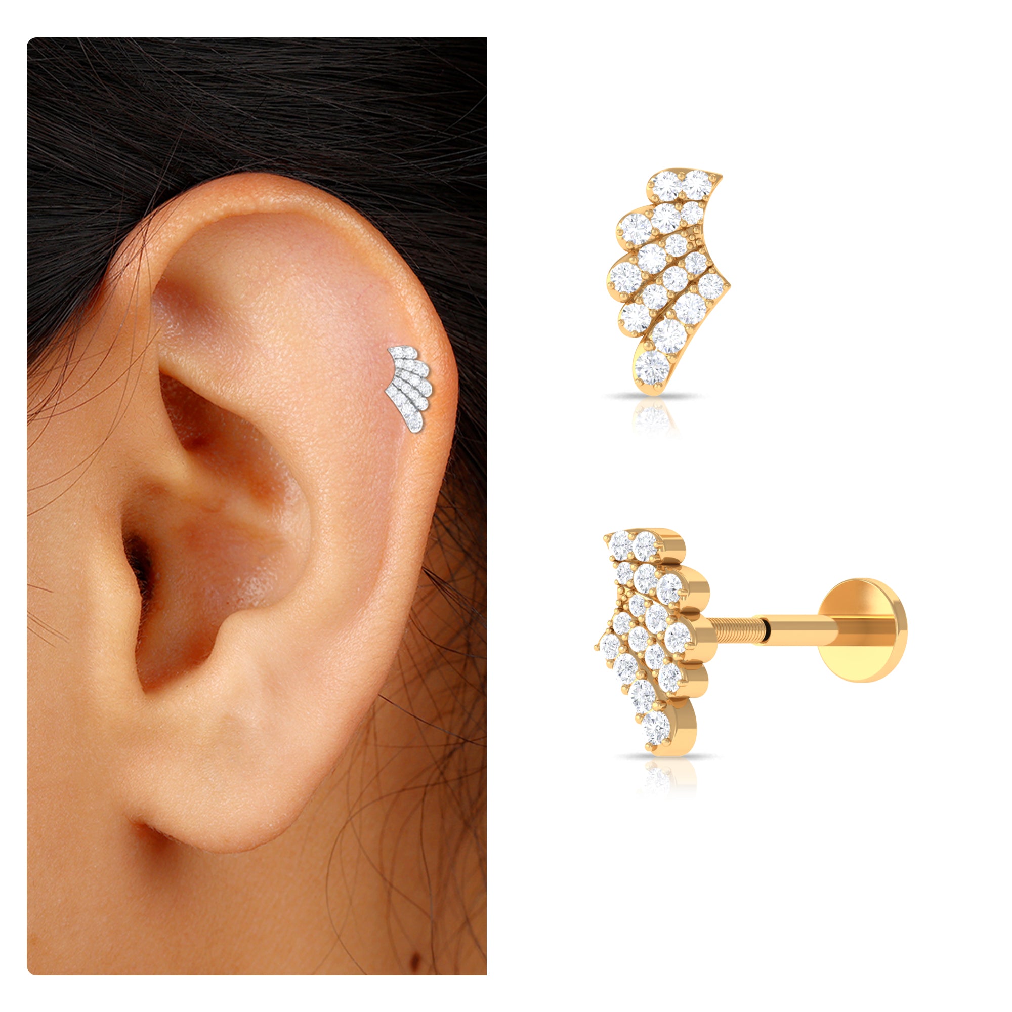 Rosec Jewels-Unique Moissanite Gold Wing Earring for Upper Lobe Piercing