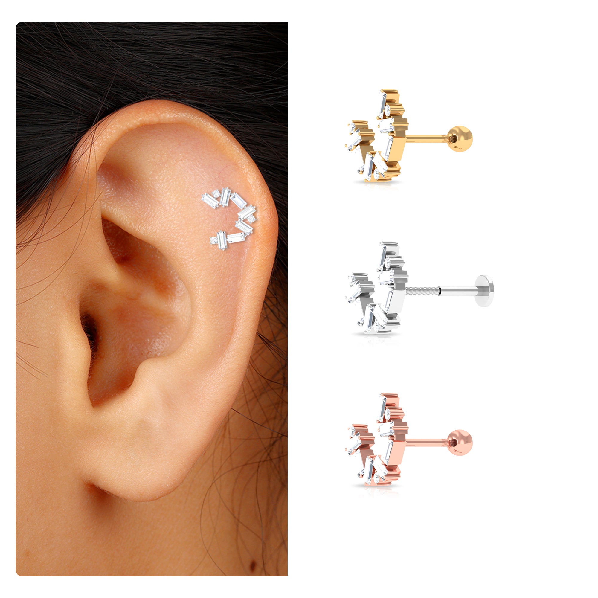 Rosec Jewels-Baguette and Round Moissanite Unique Helix Earring