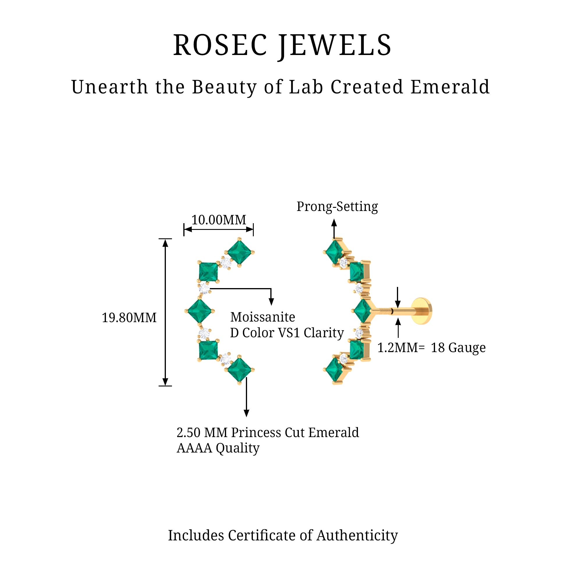 Rosec Jewels-Created Emerald and Moissanite Curved Crawler Earring