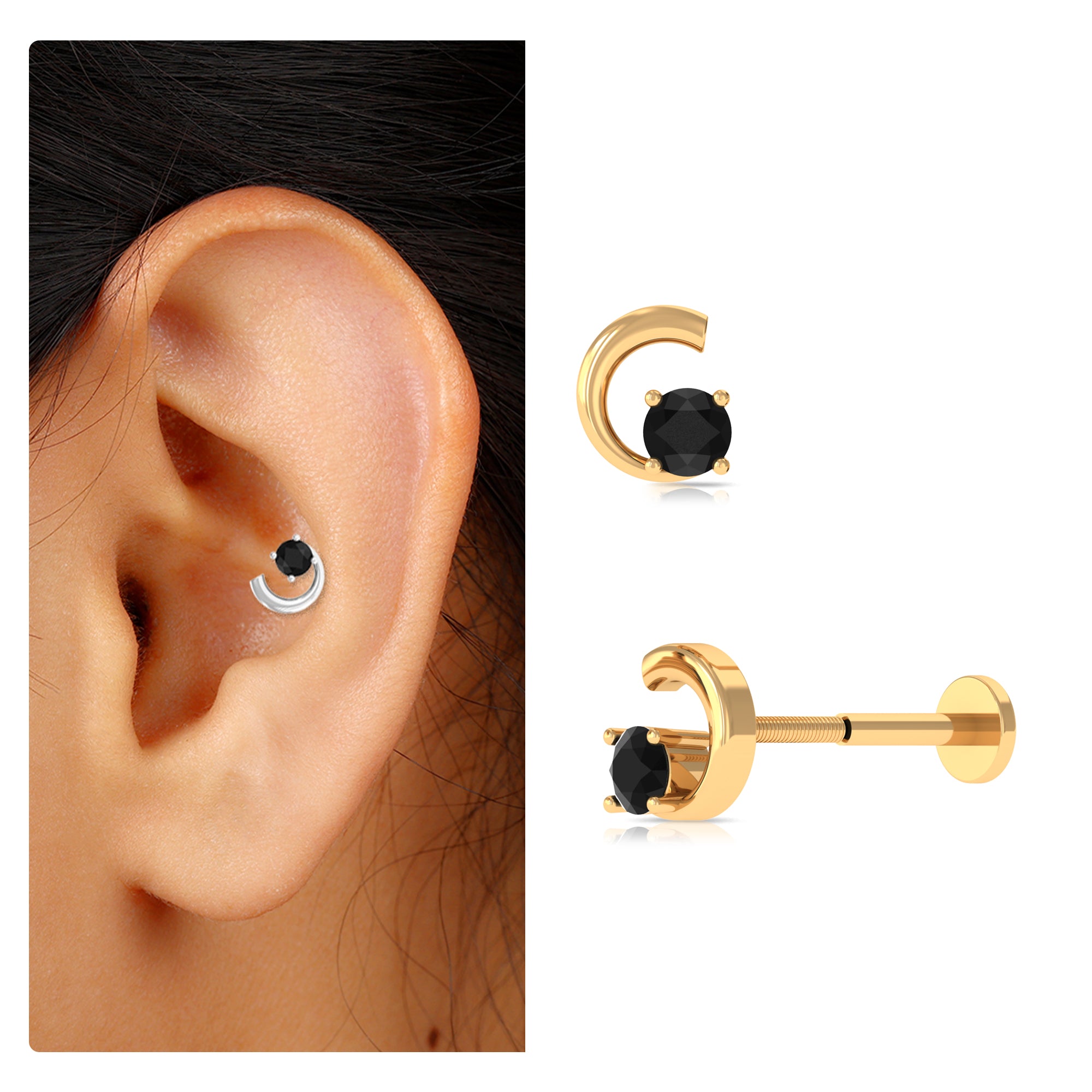 Rosec Jewels-Simple Black Onyx Crescent Moon Earring for Conch Piercing