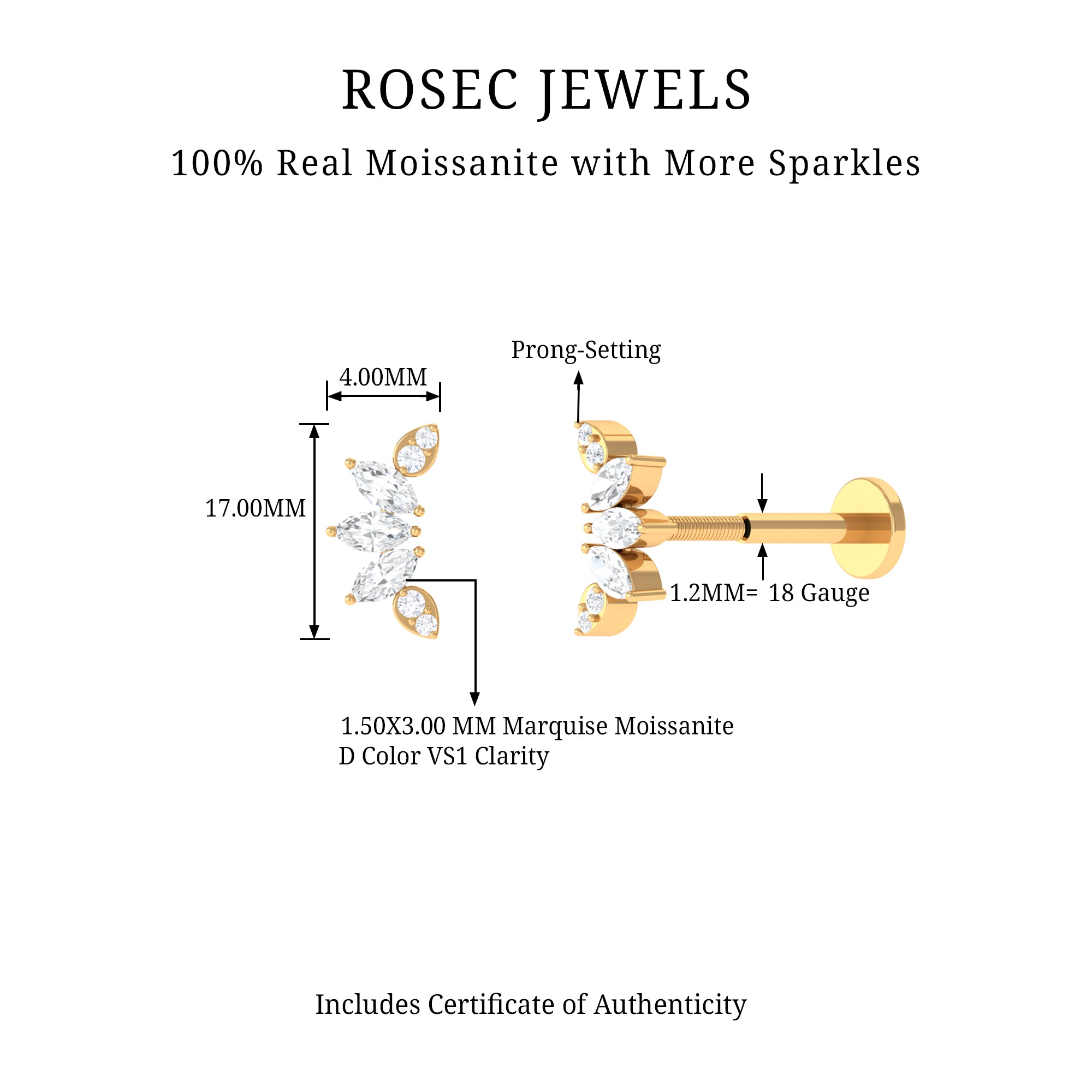 Rosec Jewels-Marquise and Round Cut Moissanite Curved Leaf Helix Earring