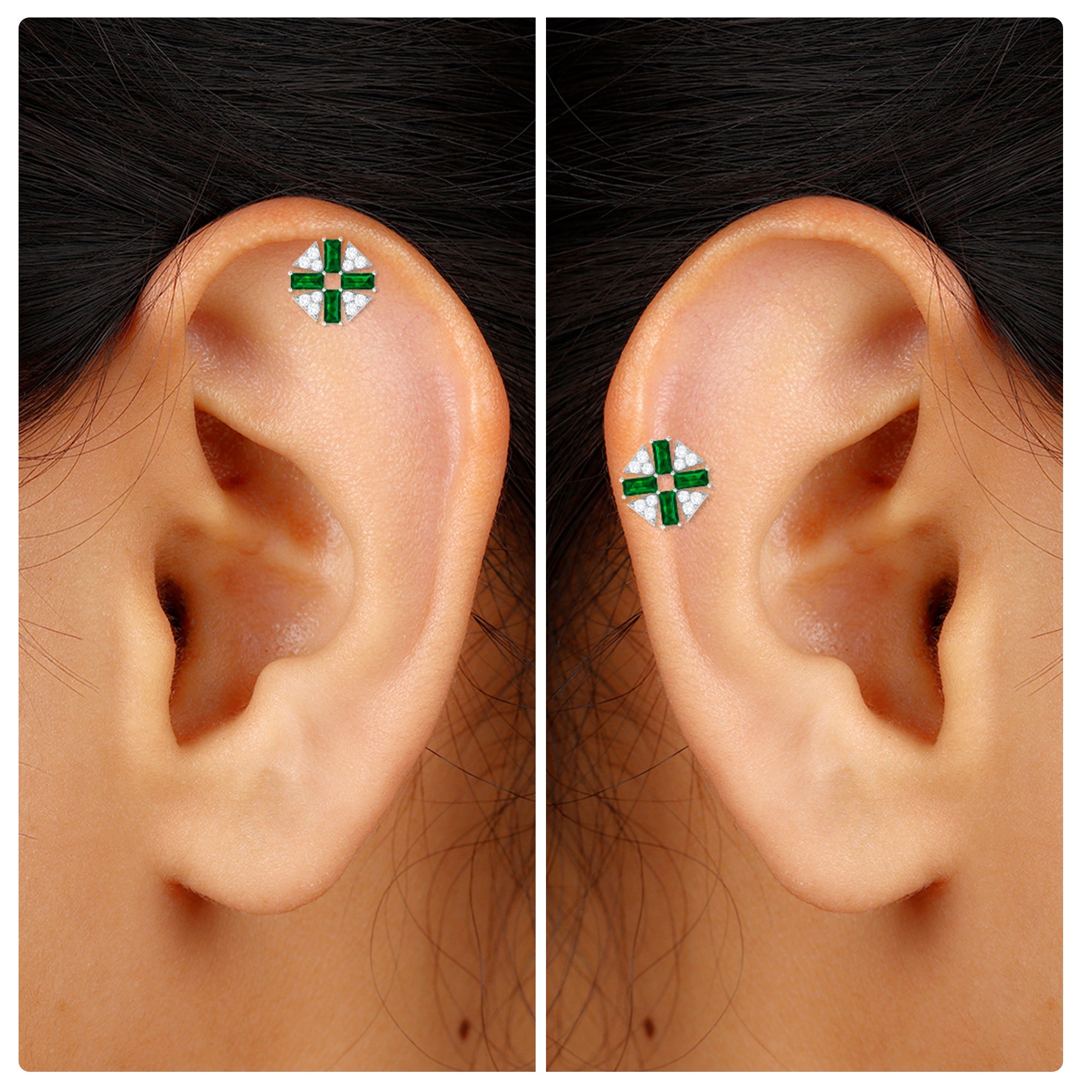 Rosec Jewels-Baguette Cut Created Emerald Designer Helix Earring with Moissanite