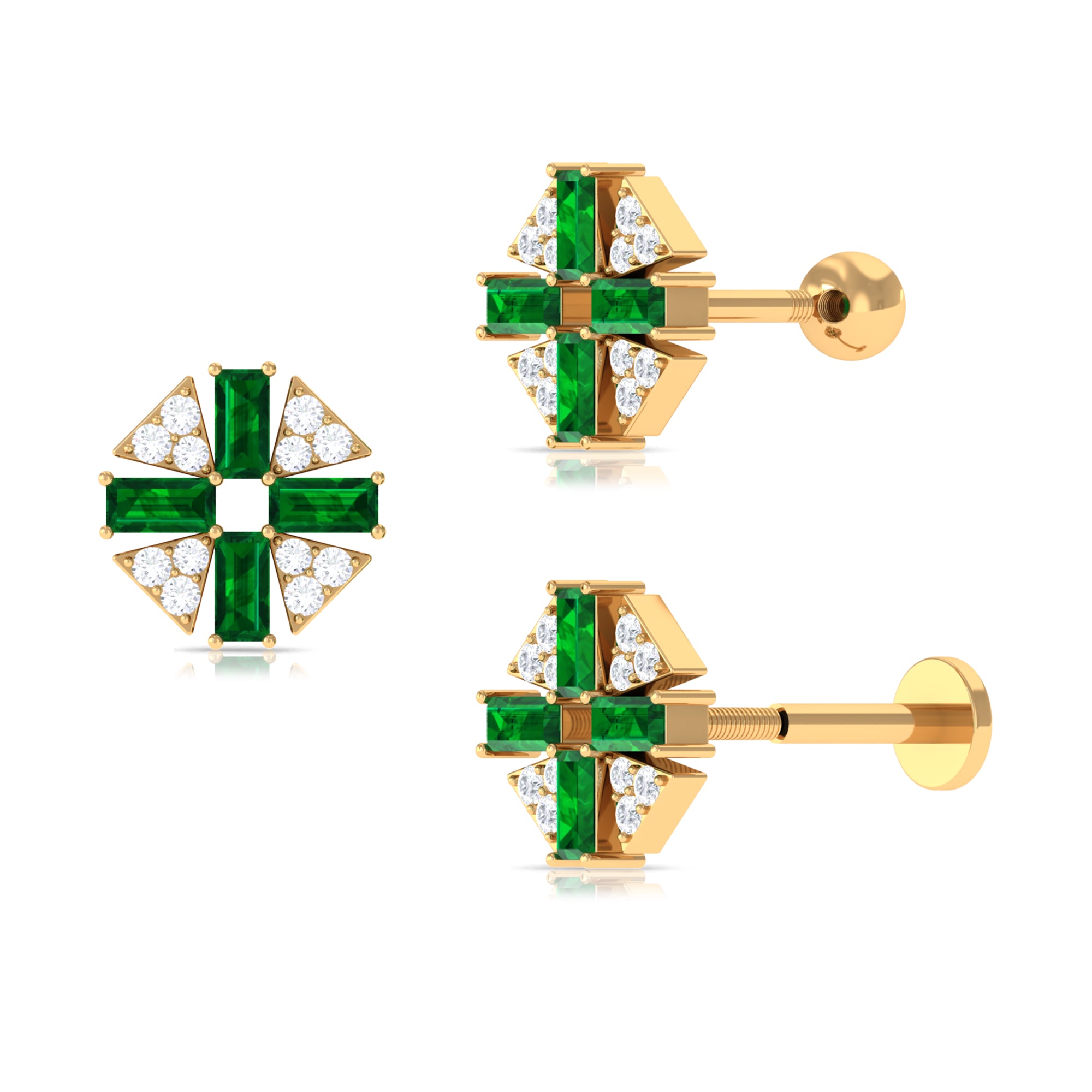 Rosec Jewels-Baguette Cut Created Emerald Designer Helix Earring with Moissanite