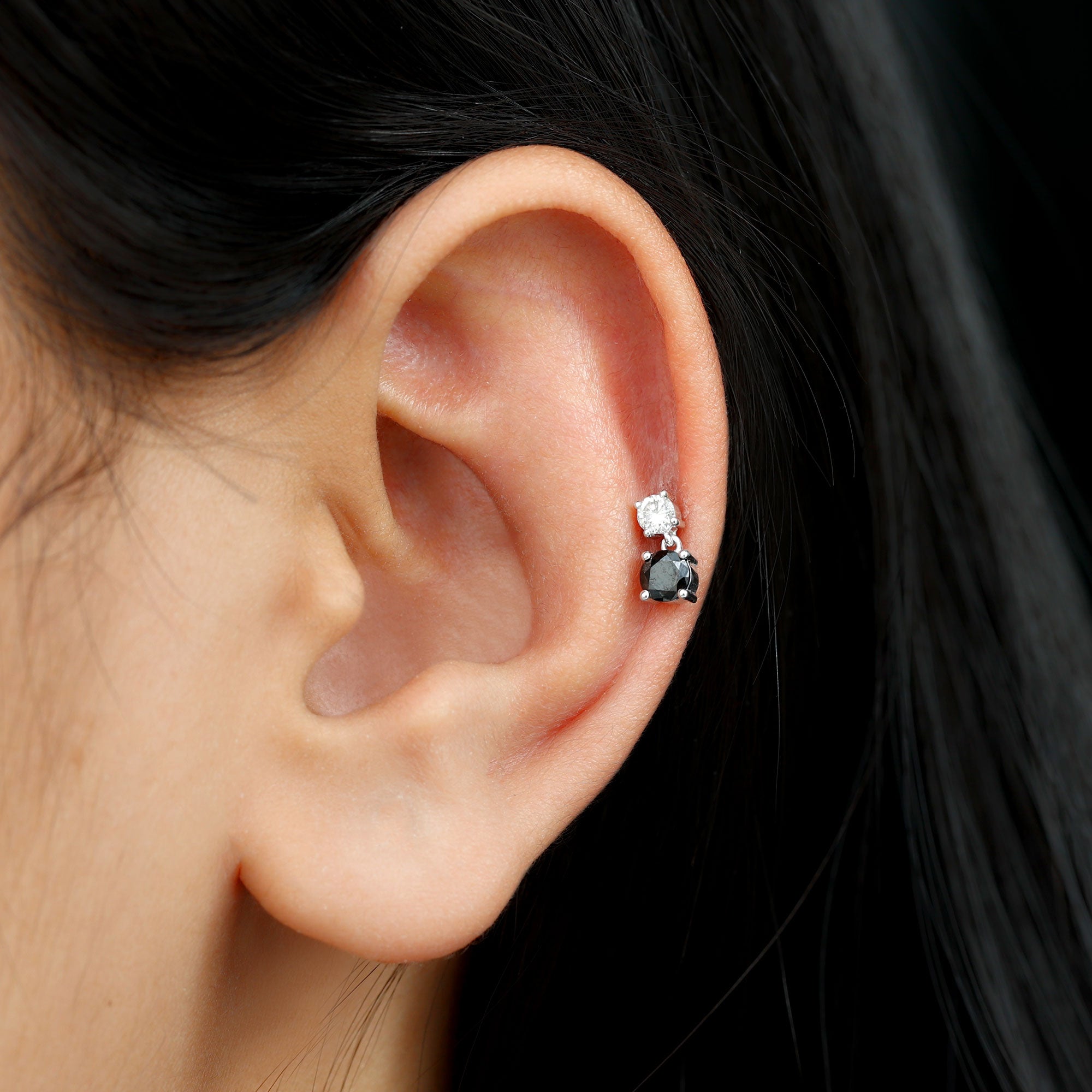 Rosec Jewels-Round Black Onyx and Moissanite Two Stone Drop Helix Earring