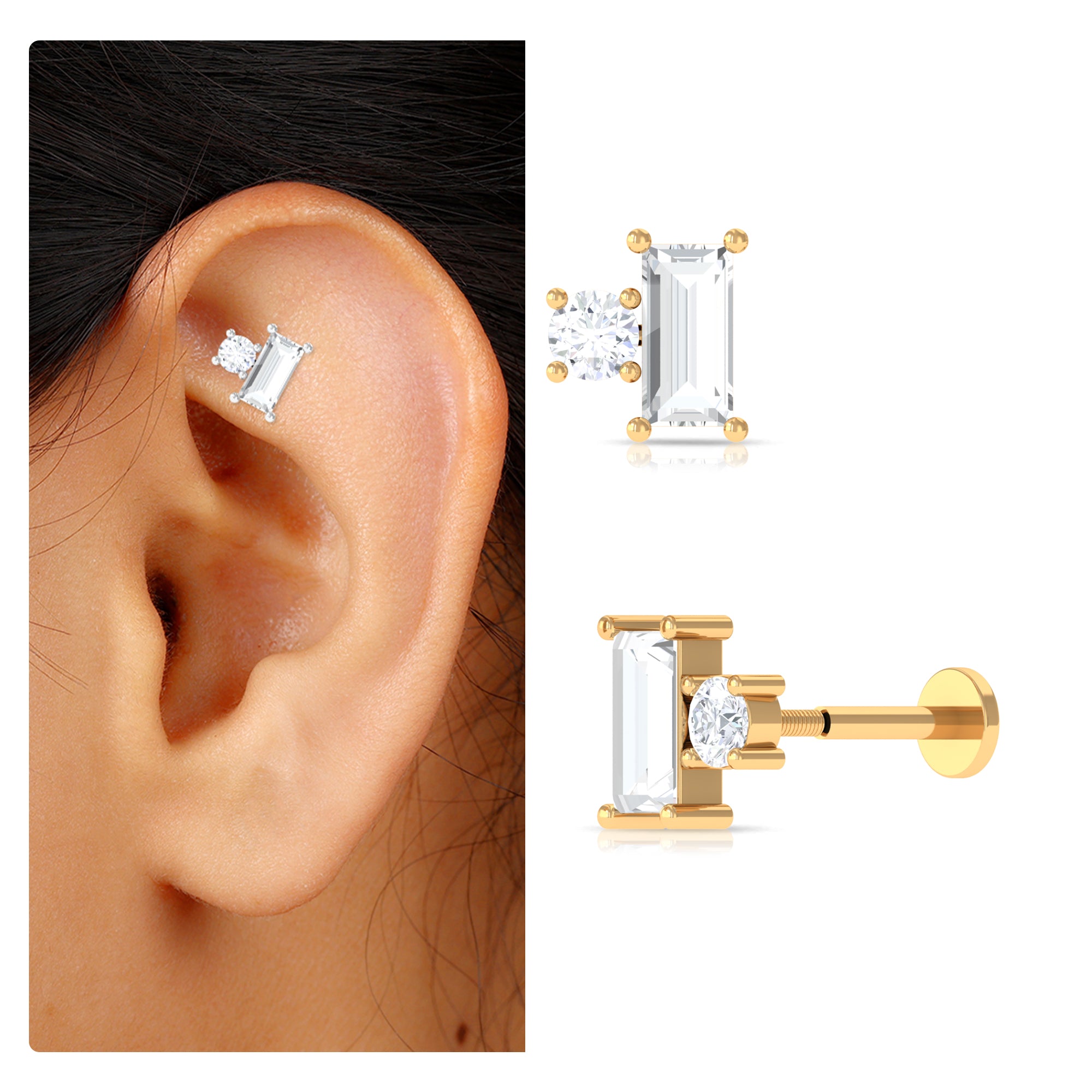 Rosec Jewels-Baguette Moissanite Tragus Earring in Gold