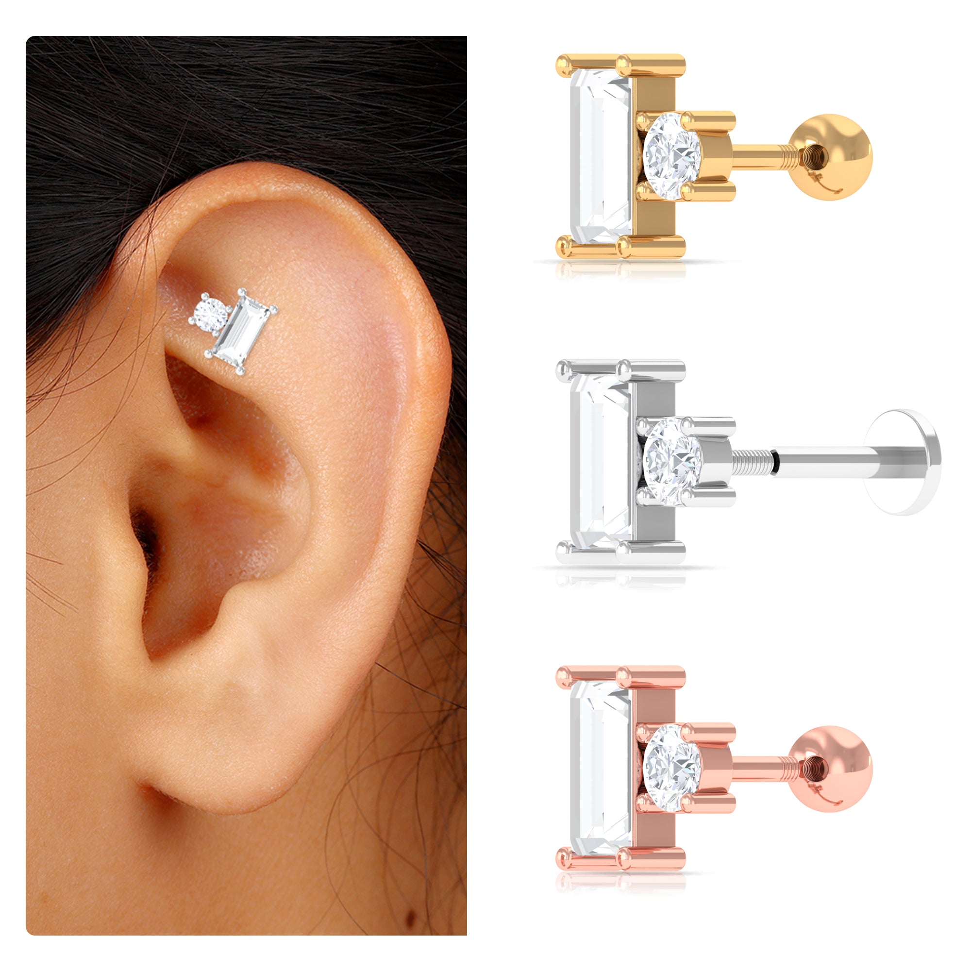 Rosec Jewels-Baguette Moissanite Tragus Earring in Gold