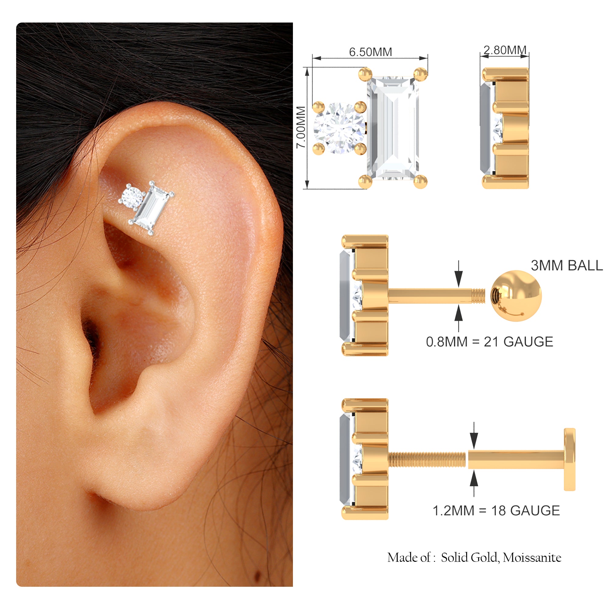 Rosec Jewels-Baguette Moissanite Tragus Earring in Gold