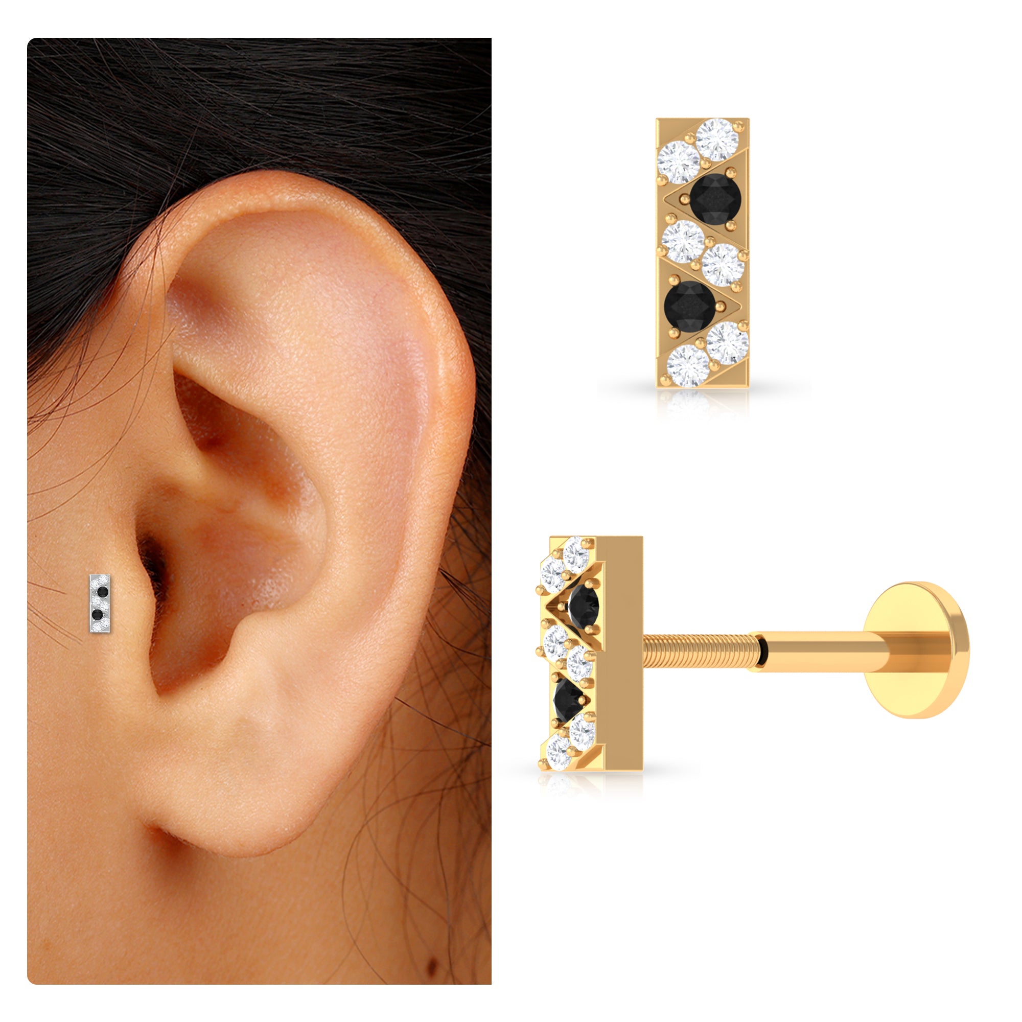 Rosec Jewels-Black Diamond and Moissanite Gold Bar Conch Earring