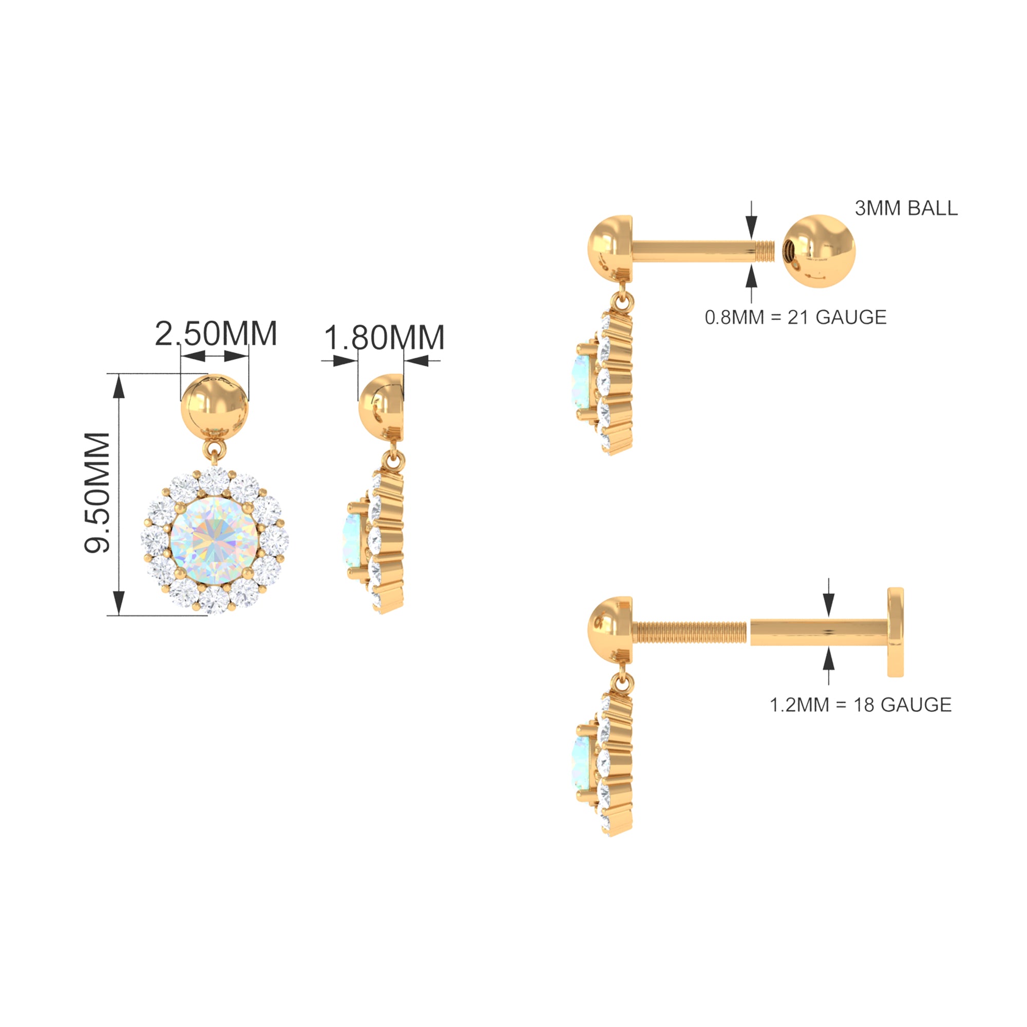 Rosec Jewels-Ethiopian Opal Halo Drop Cartilage Earring with Moissanite