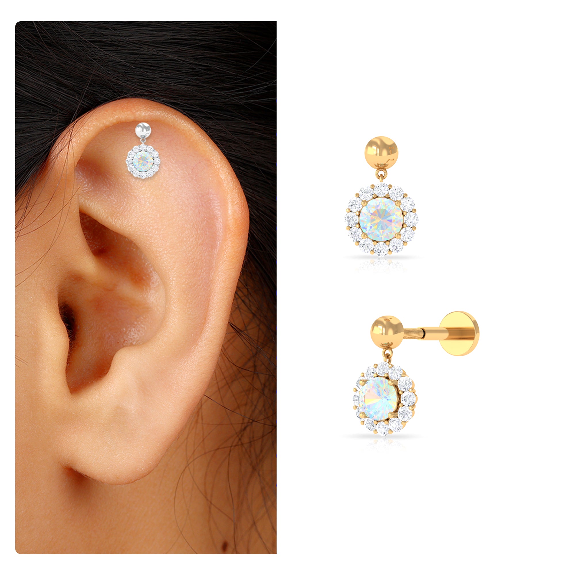 Rosec Jewels-Ethiopian Opal Halo Drop Cartilage Earring with Moissanite