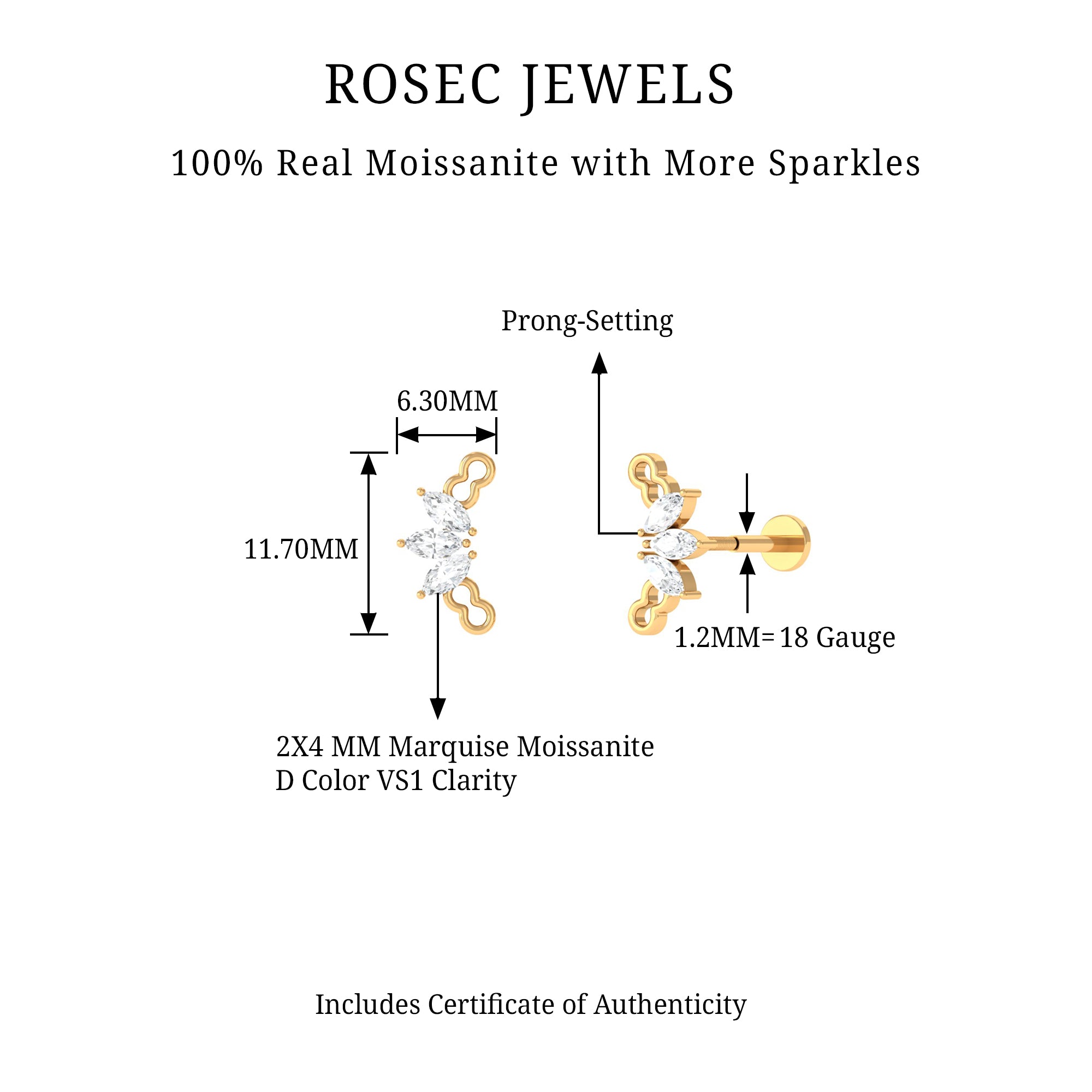 Rosec Jewels-Marquise Moissanite 3 Stone Crawler Earring for Helix Piercing