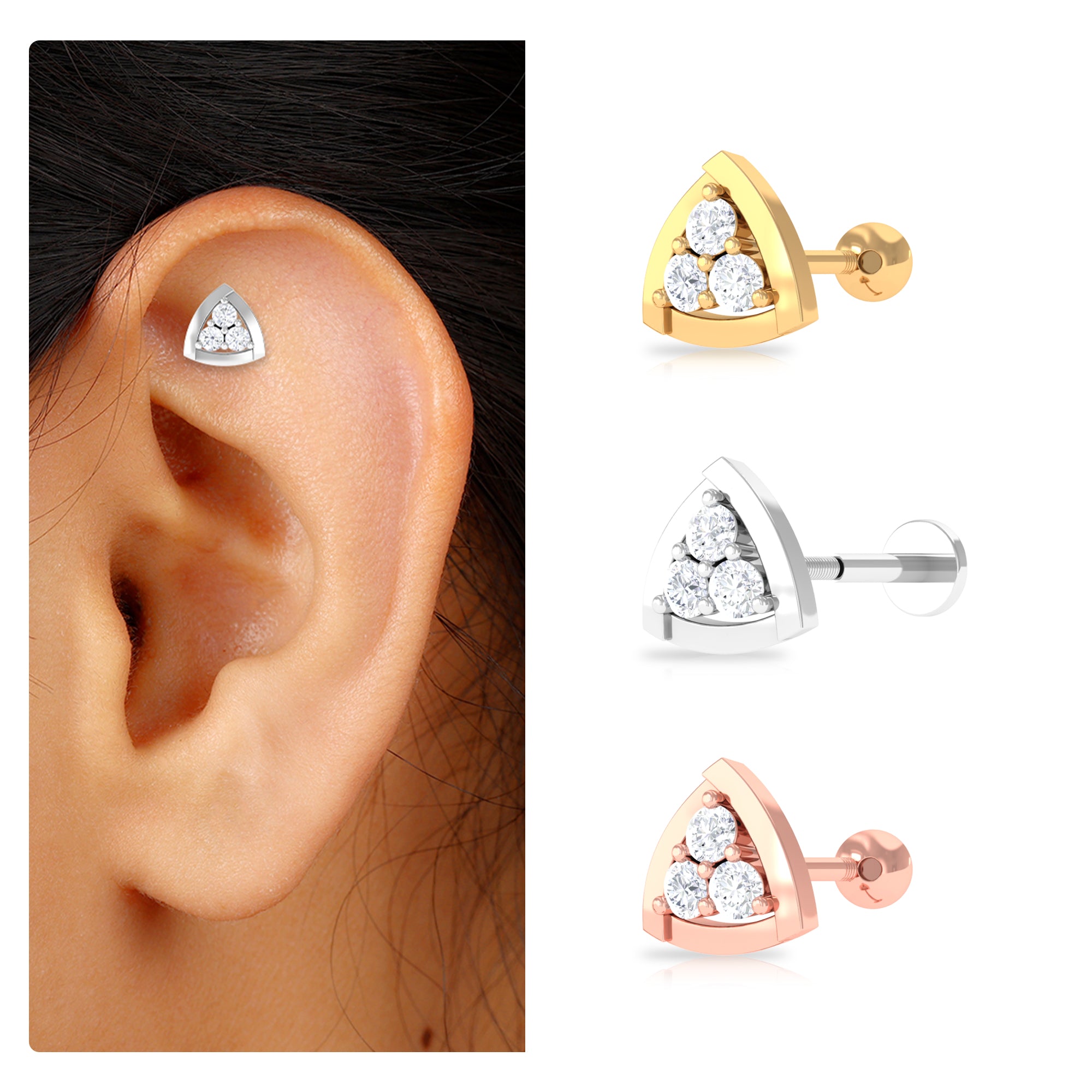 Rosec Jewels-Round Moissanite Triangle Geometric Earring for Helix Piercing