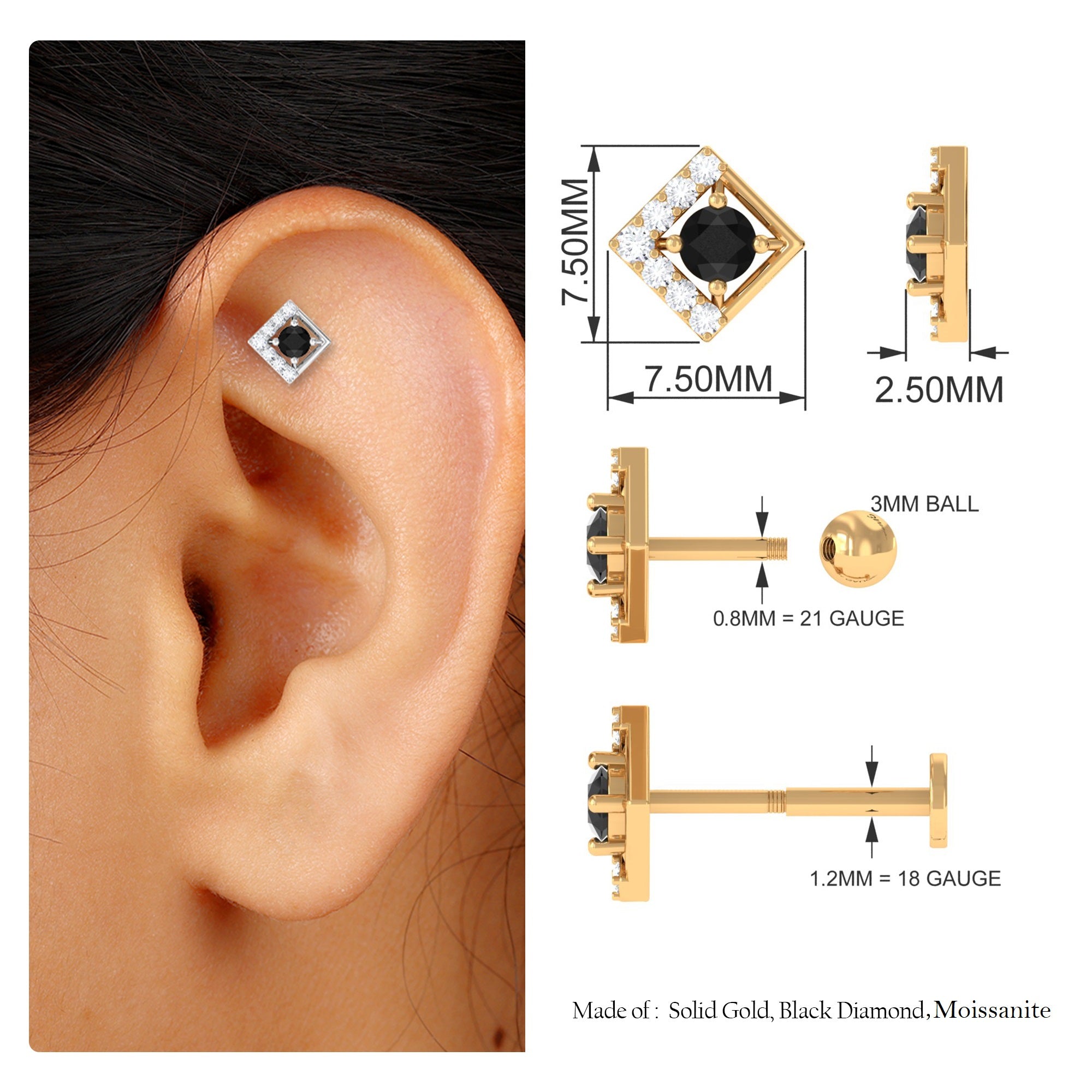 Rosec Jewels-Black Diamond and Moissanite Geometric Earring for Helix Piercing