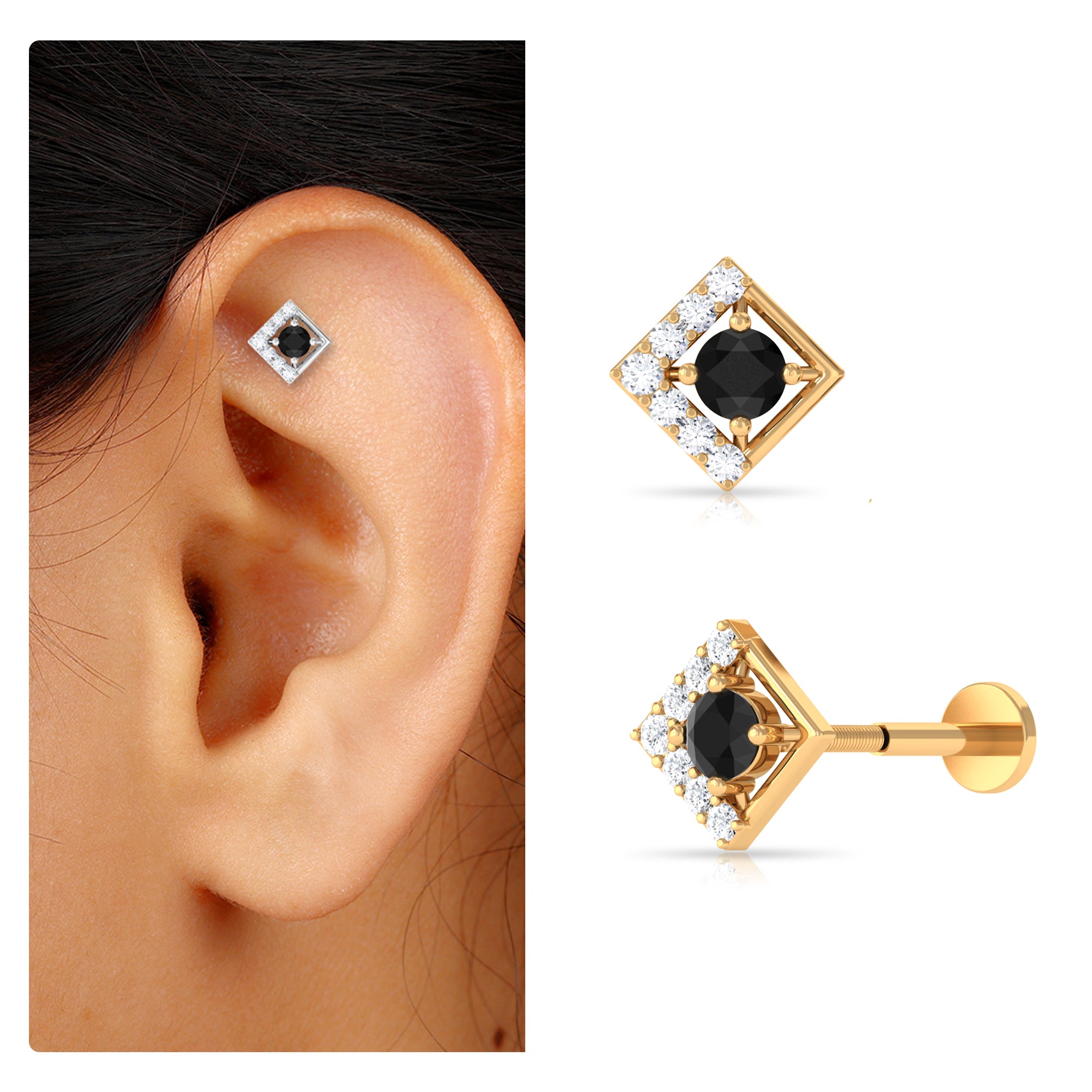 Rosec Jewels-Black Diamond and Moissanite Geometric Earring for Helix Piercing