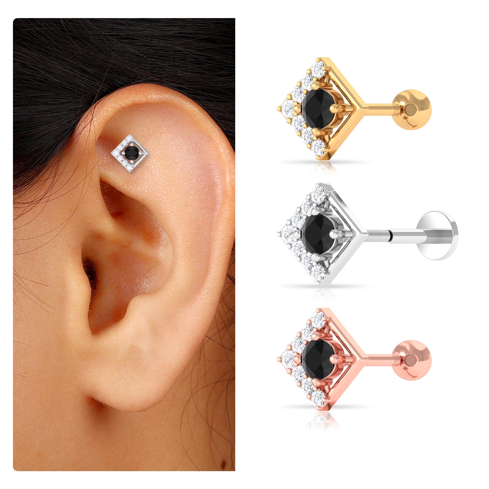 Rosec Jewels-Black Diamond and Moissanite Geometric Earring for Helix Piercing