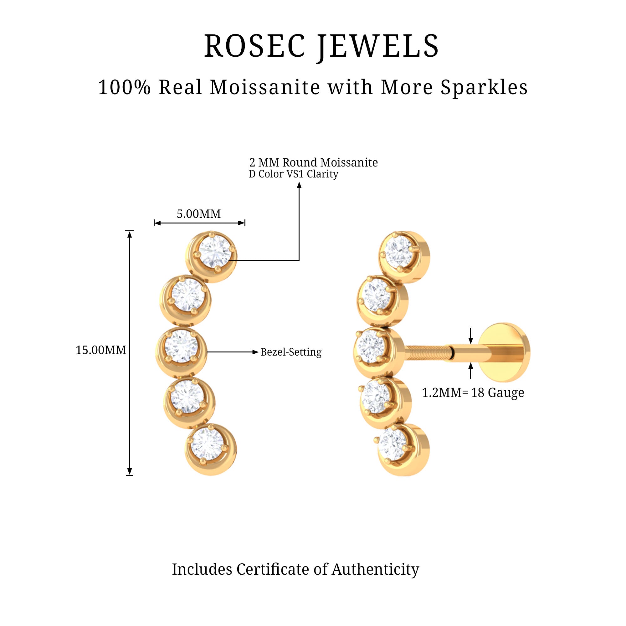 Rosec Jewels-Round Moissanite Gold Crawler Earring for Helix Piercing