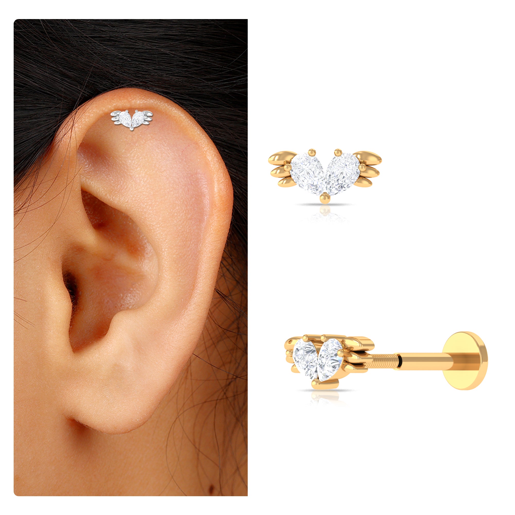 Rosec Jewels-Pear Moissanite Gold Wing Earing for Conch Piercing