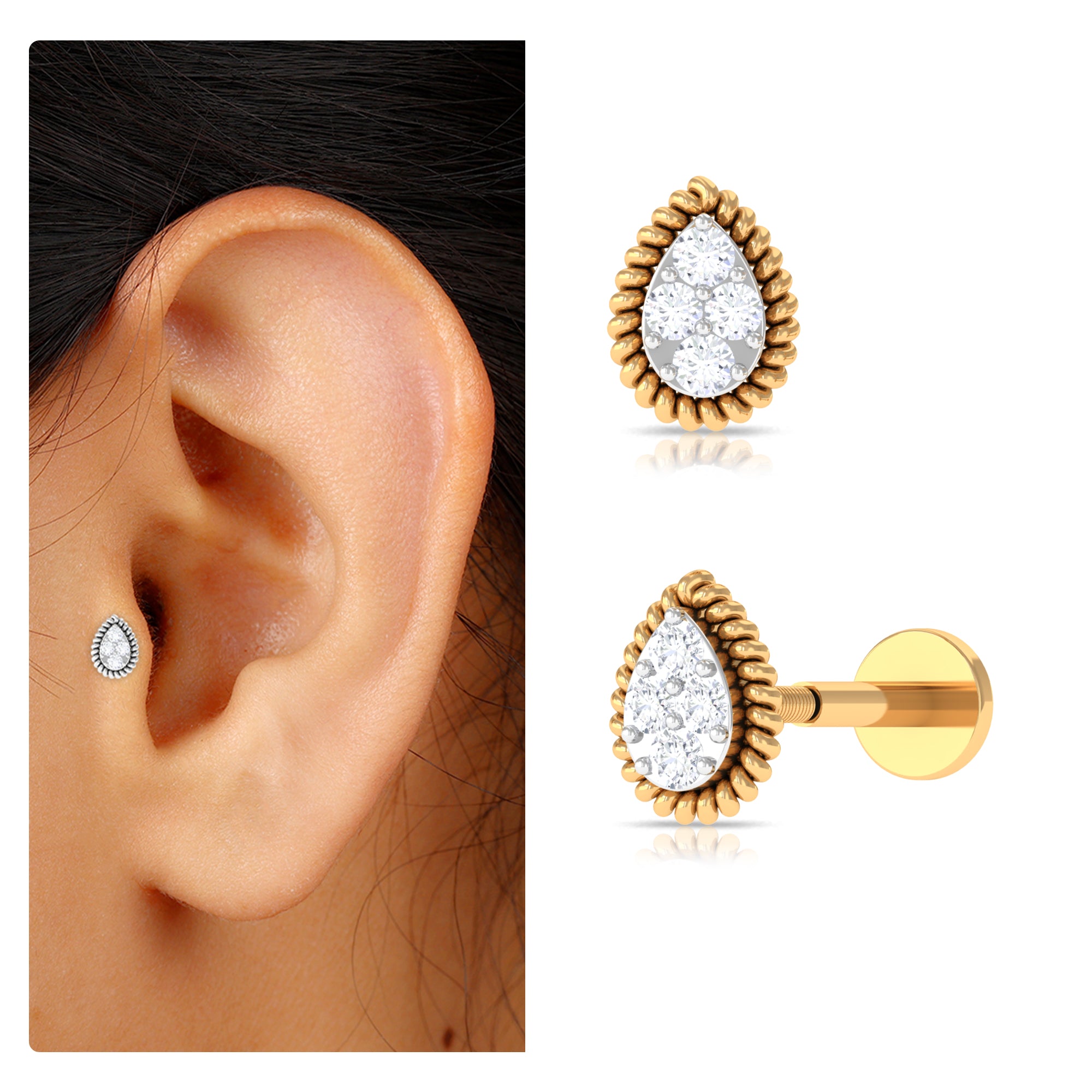 Rosec Jewels-Real Diamond Teardrop Helix Earring with Gold Twisted Rope Frame