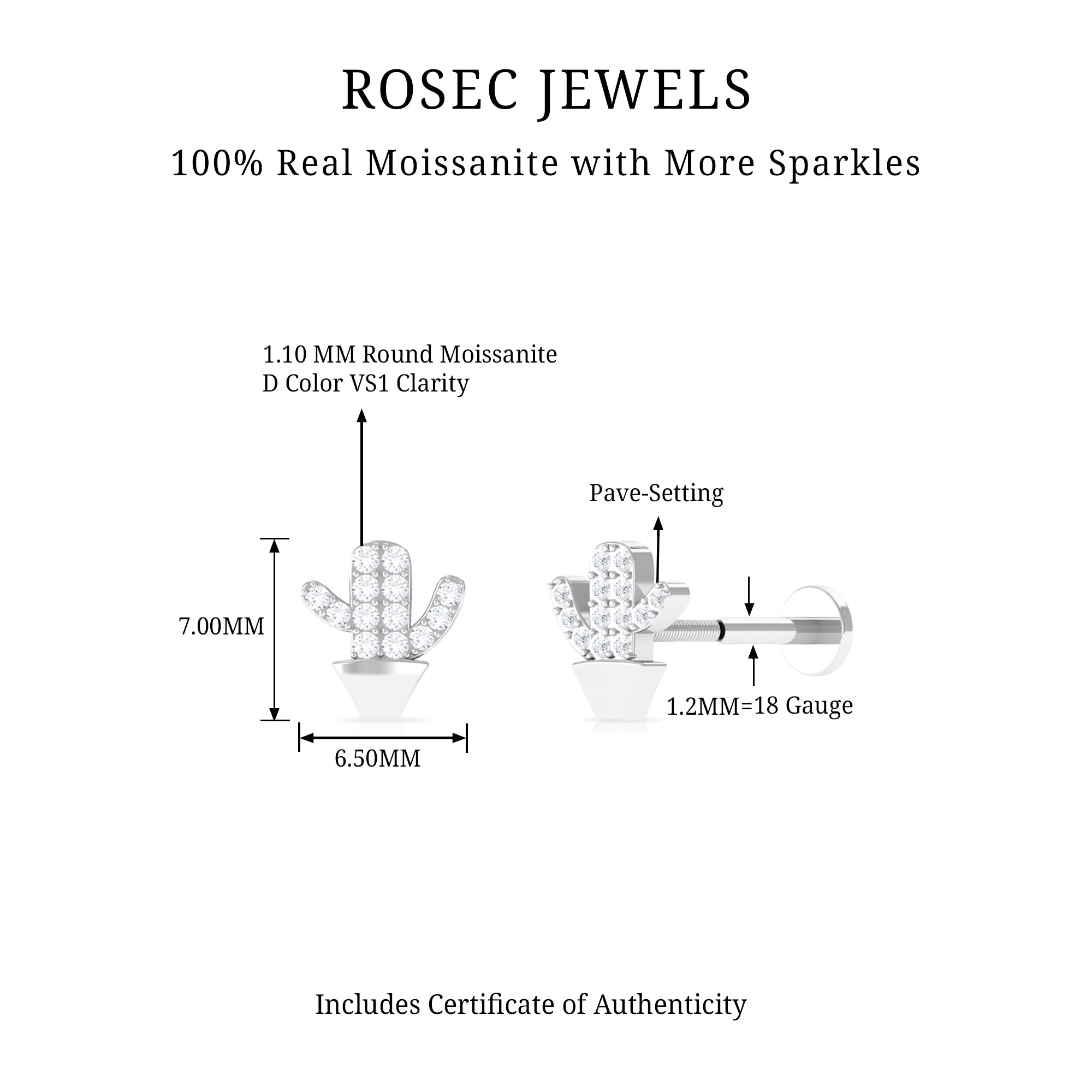 Rosec Jewels-Moissanite Gold Cactus Earring for Cartilage Piercing