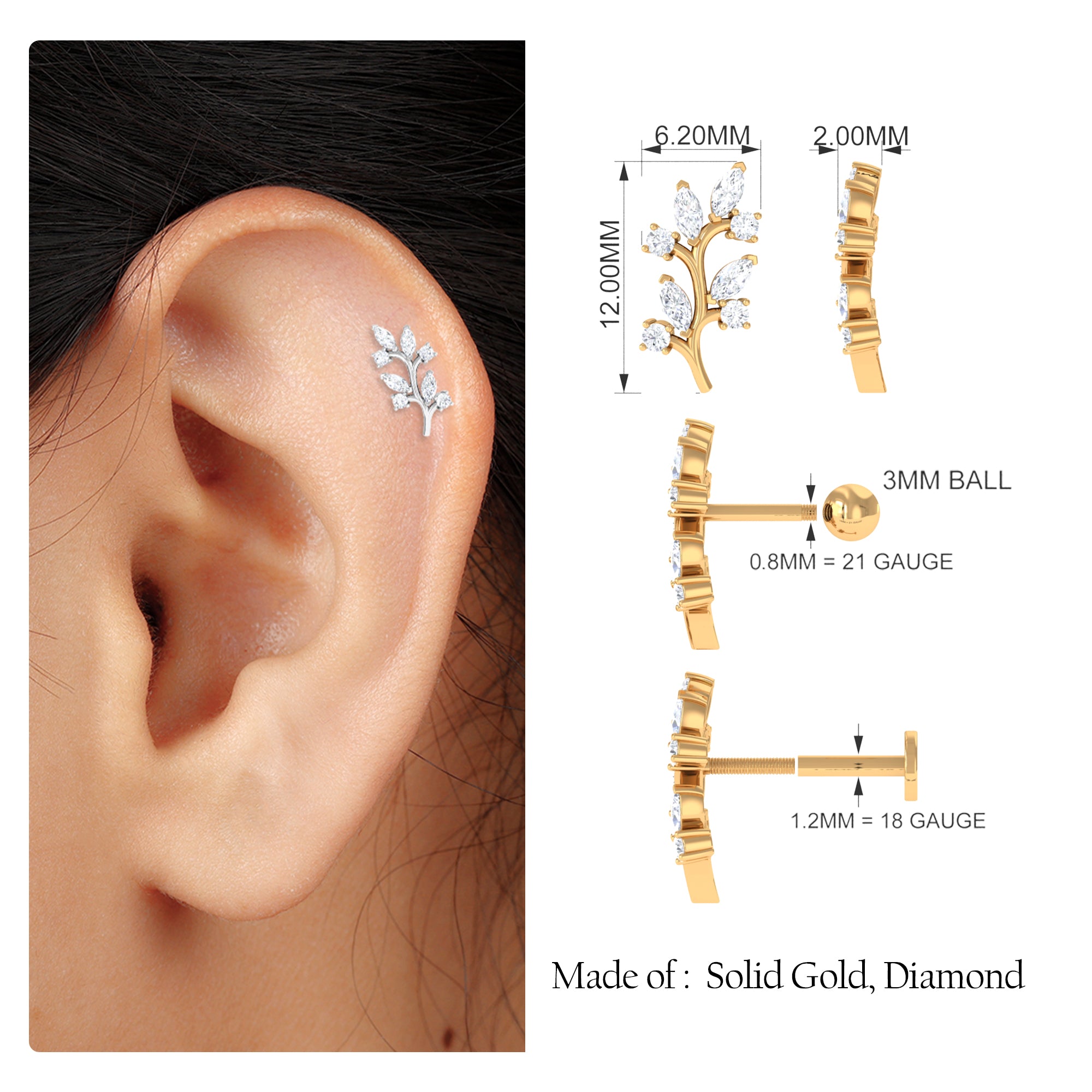 Rosec Jewels-Marquise and Round Moissanite Leaf Earring for Helix Piercing