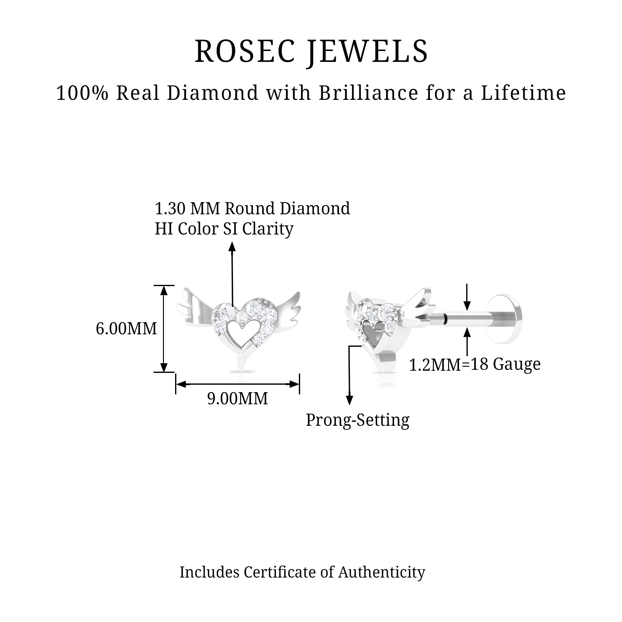 Rosec Jewels-Real Diamond Heart Cartilage Earring with Gold Wings