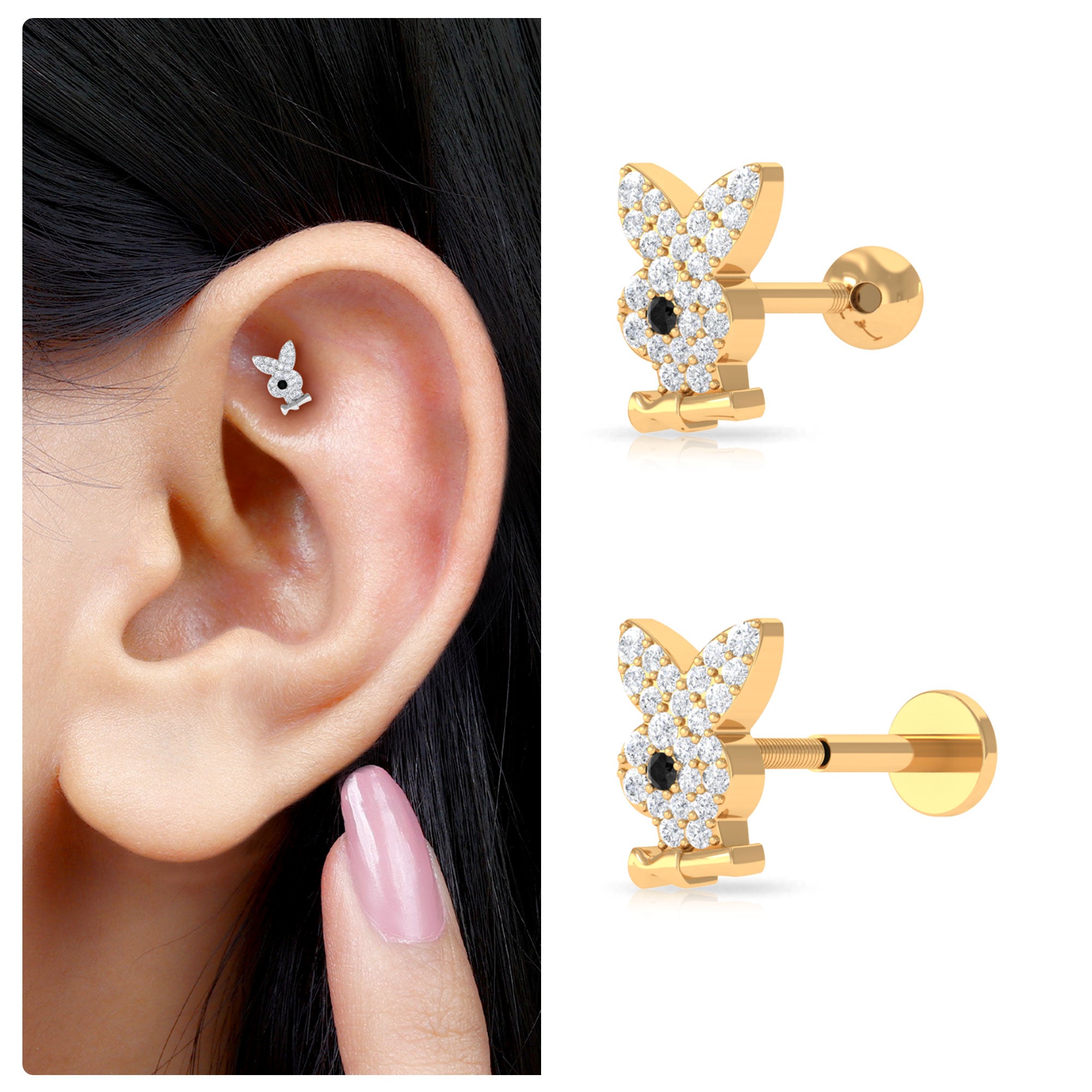 Rosec Jewels-Black Diamond and Moissanite Cute Bunny Helix Earring