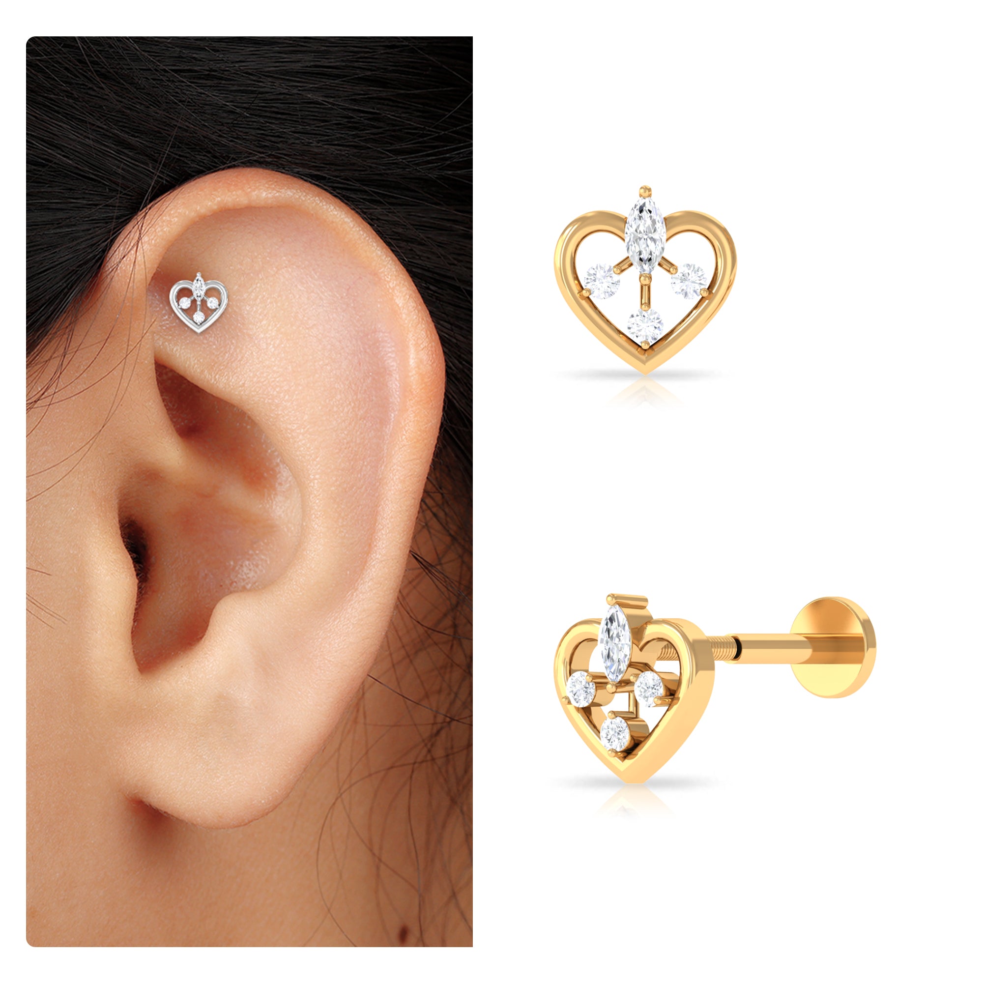 Rosec Jewels-Adorable Diamond Gold Heart Earring for Cartilage Piercing