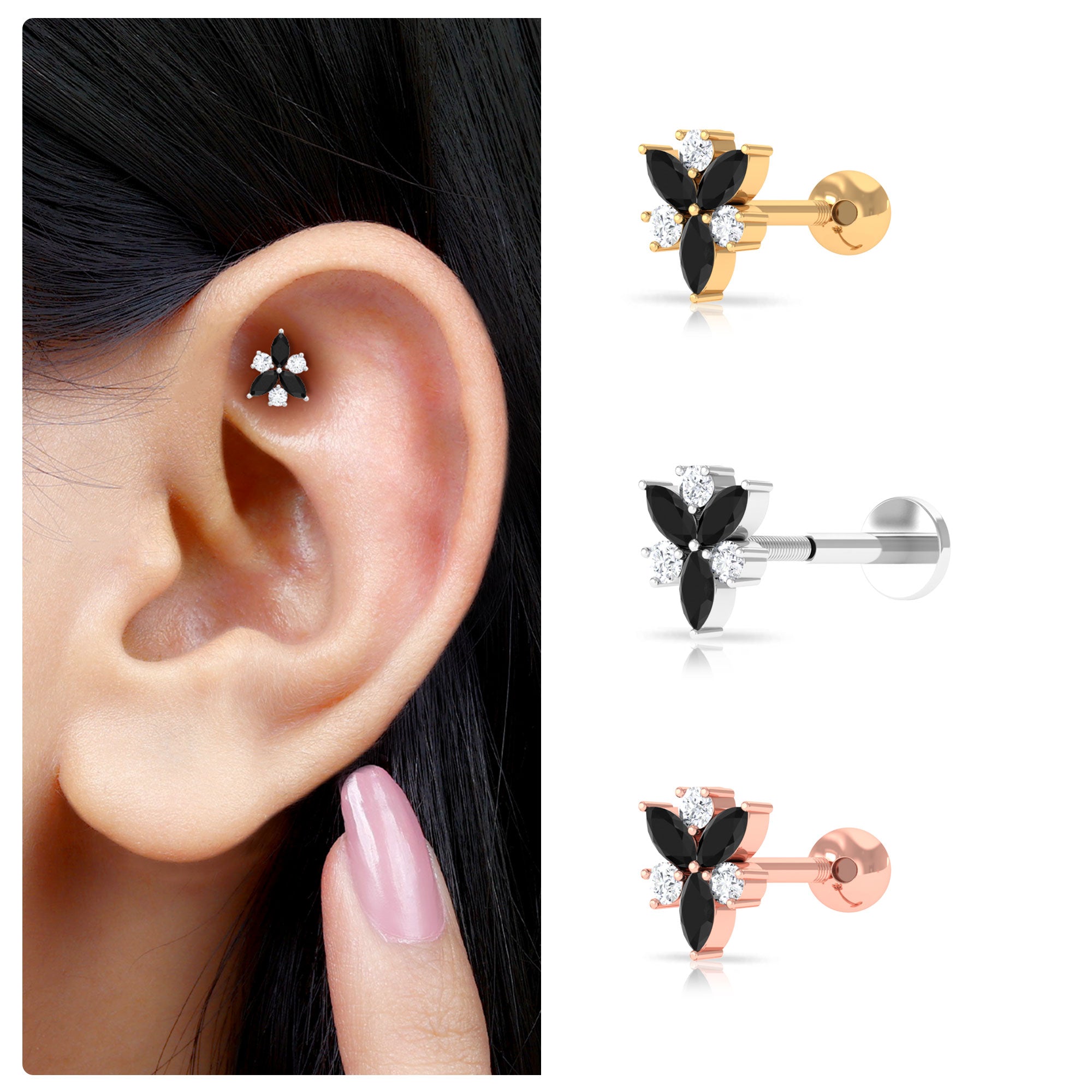 Rosec Jewels-Black Onyx and Moissanite Flower Earring for Rook Piercing