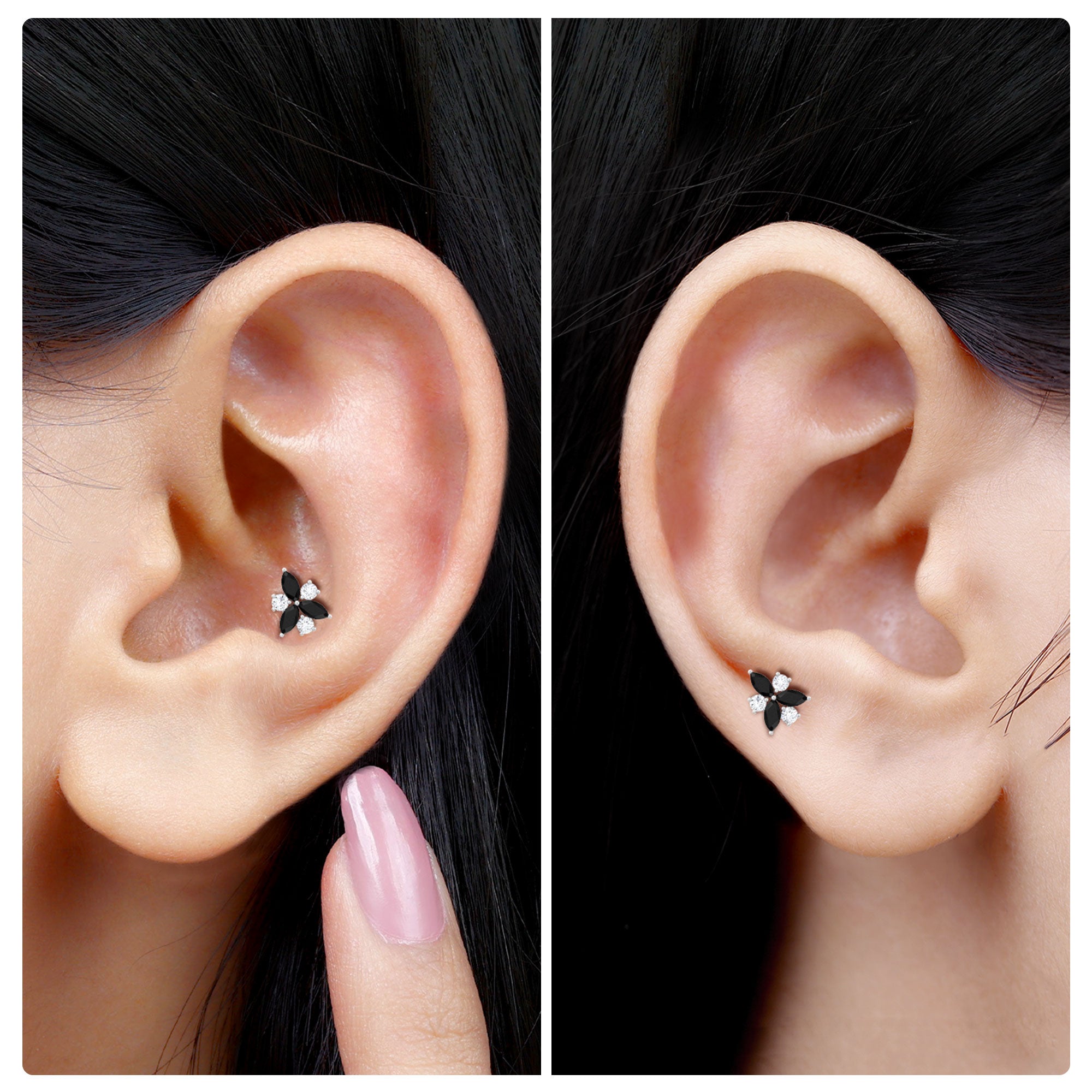 Rosec Jewels-Black Onyx and Moissanite Flower Earring for Rook Piercing