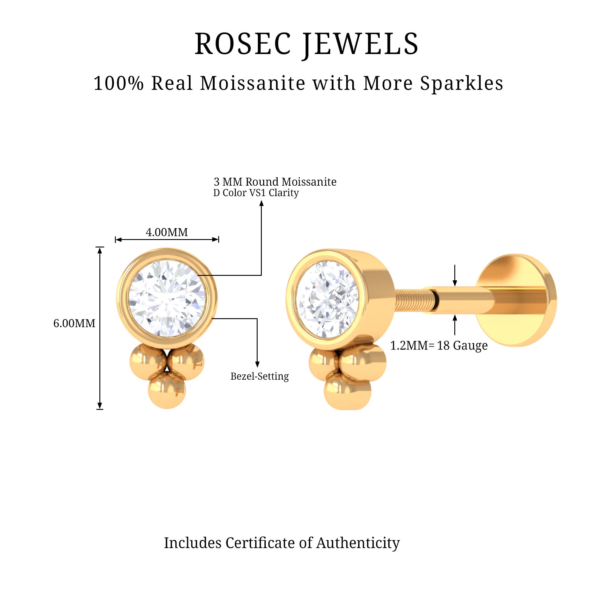 Rosec Jewels-Minimalist Moissanite Gold Beaded Helix Earring in Bezel Setting