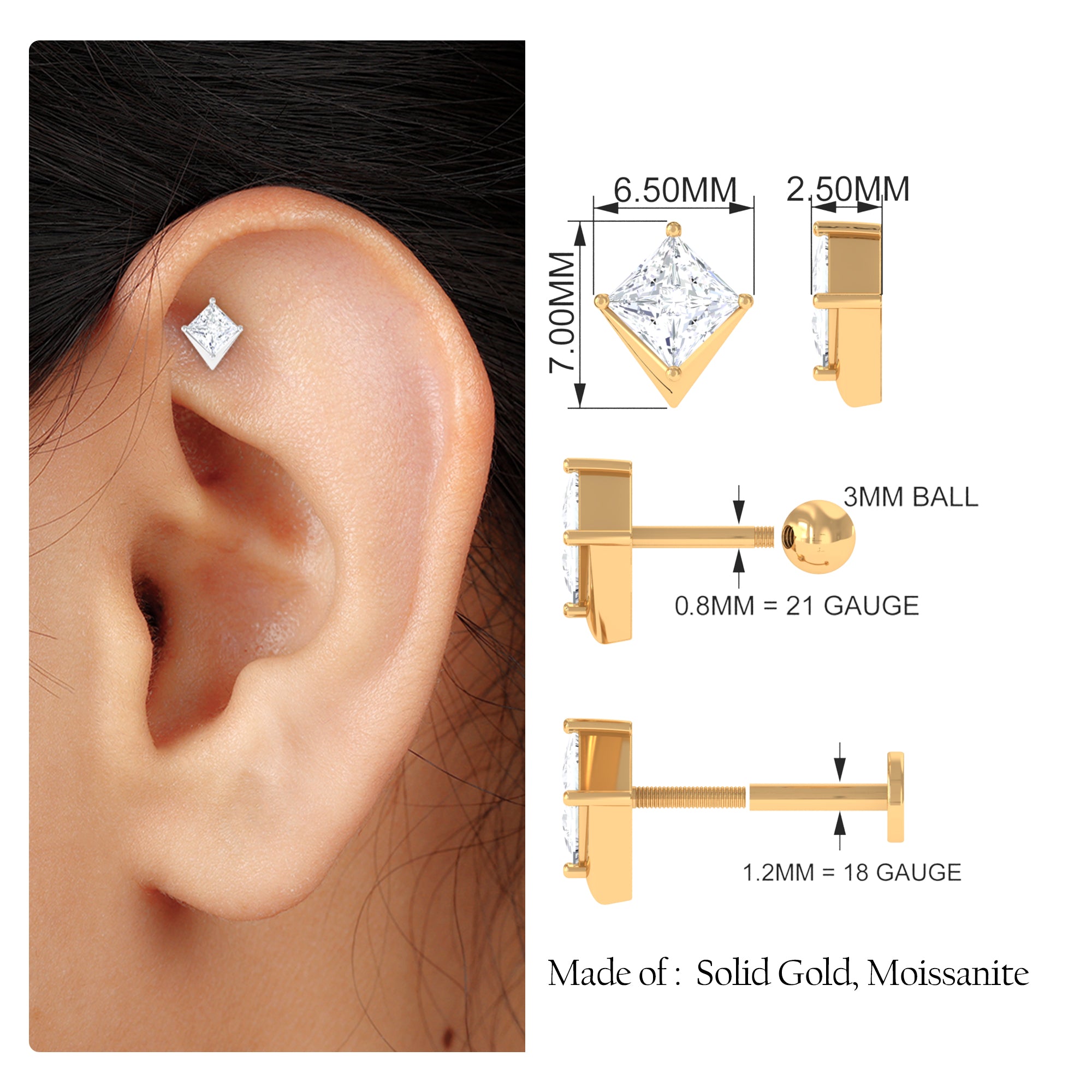 Rosec Jewels-Princess Cut Moissanite Earring for Helix Piercing