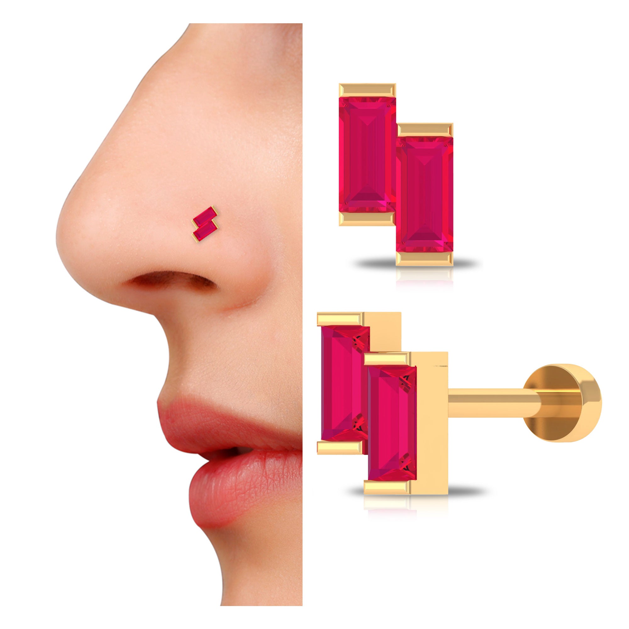 Rosec Jewels-Baguette Ruby Two Stone Nose Ring in Gold