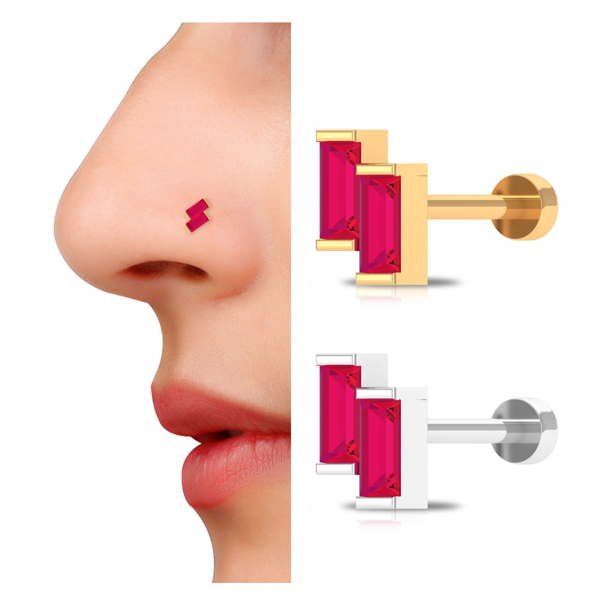 Rosec Jewels-Baguette Ruby Two Stone Nose Ring in Gold