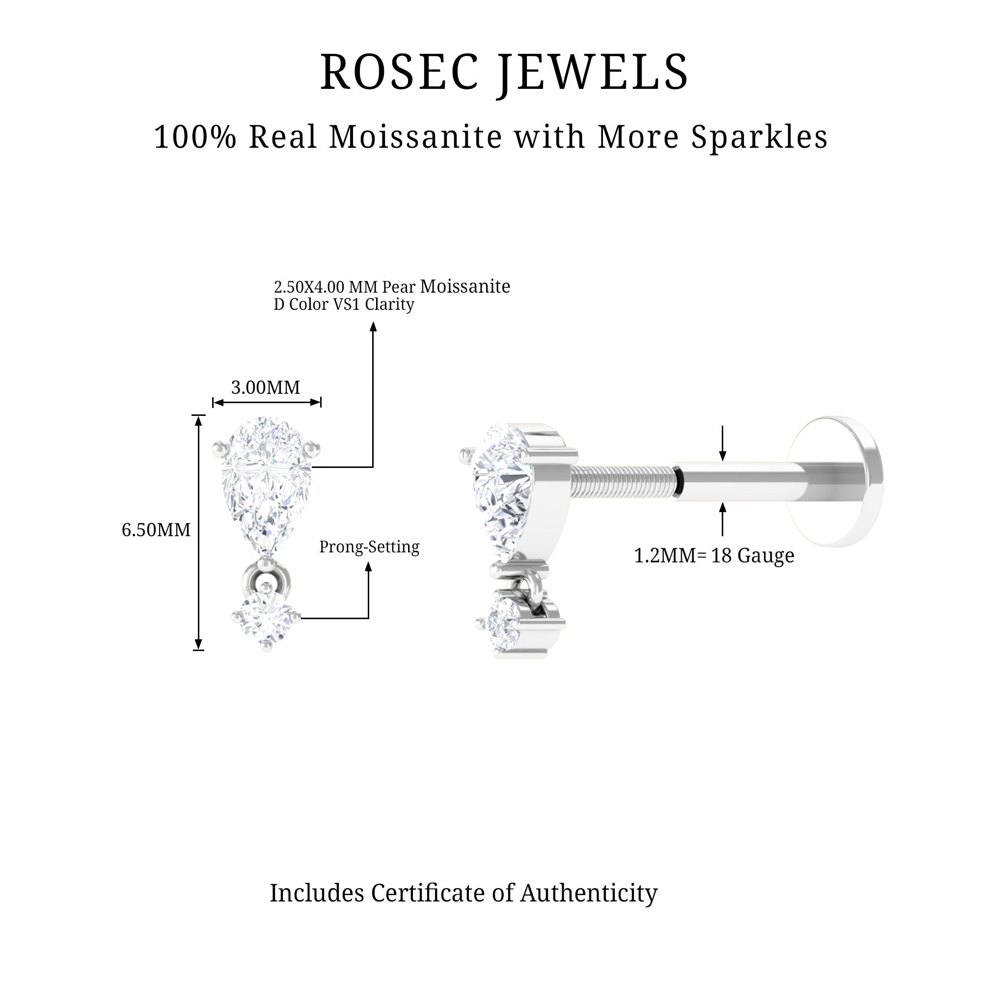 Rosec Jewels-Dainty Moissanite Piercing Earring for Helix