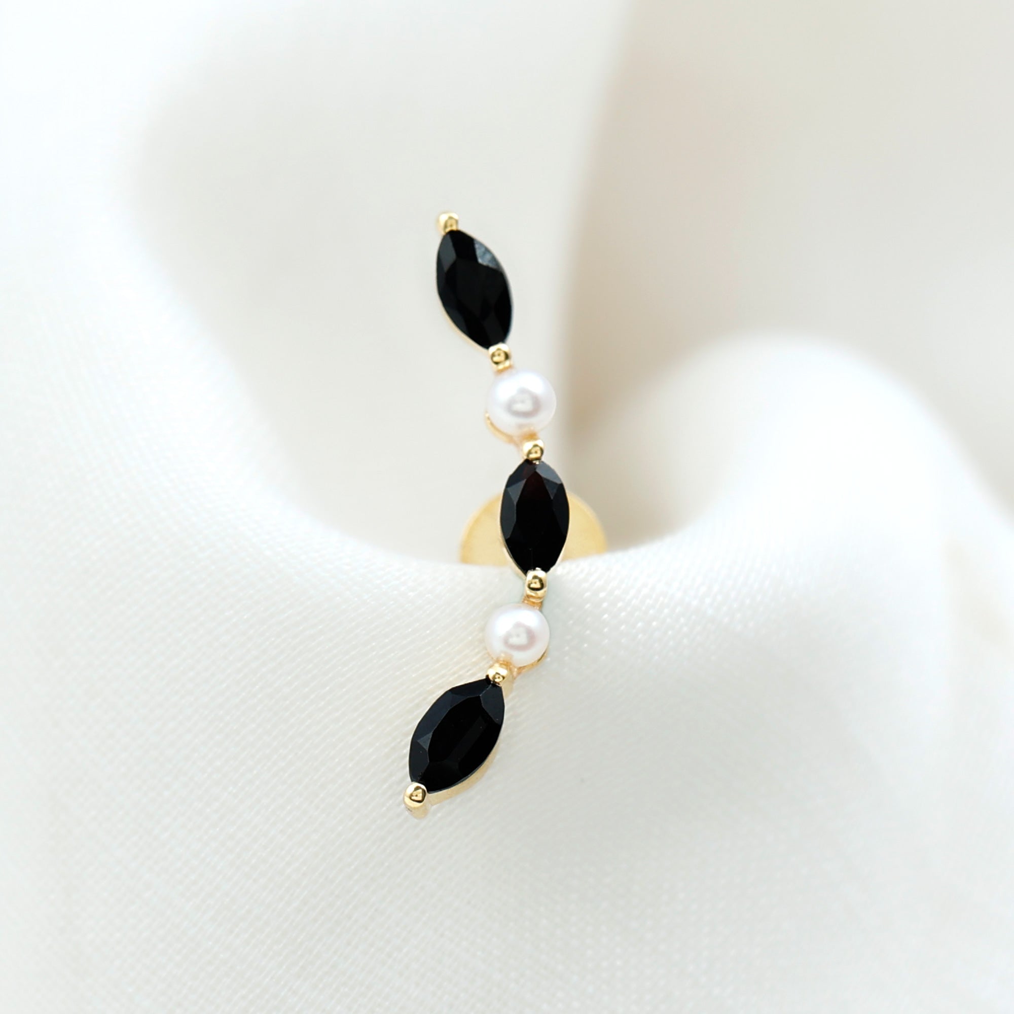 Rosec Jewels-Marquise Black Onyx Crawler Earring with Freshwater Pearl