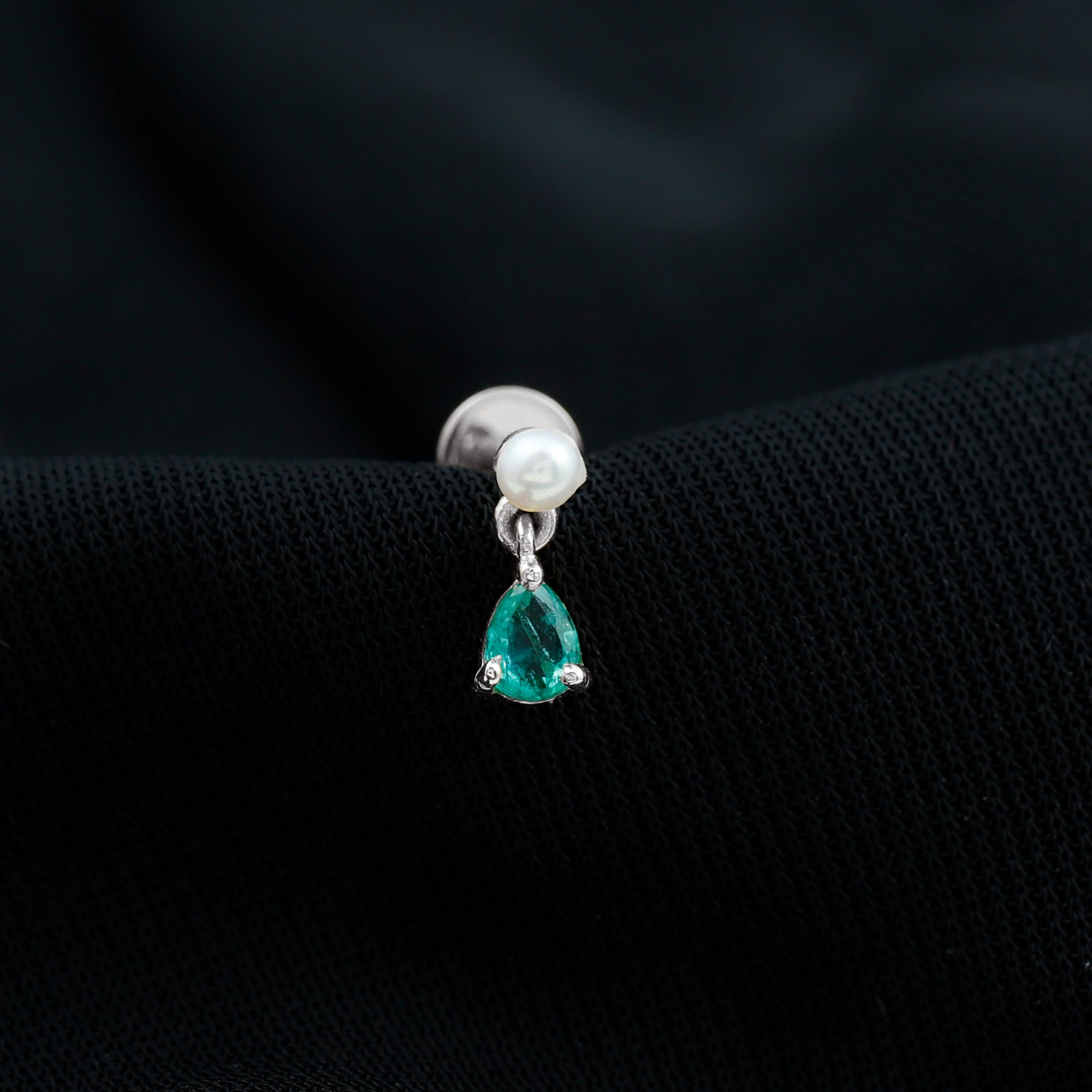 Rosec Jewels-Freshwater Pearl and Emerald Dangly Earring for Helix Piercing