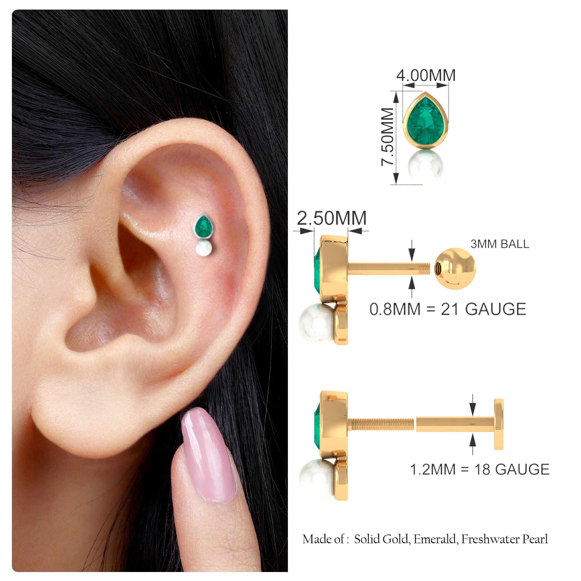 Rosec Jewels-Pear Emerald and Freshwater Pearl Helix Earring