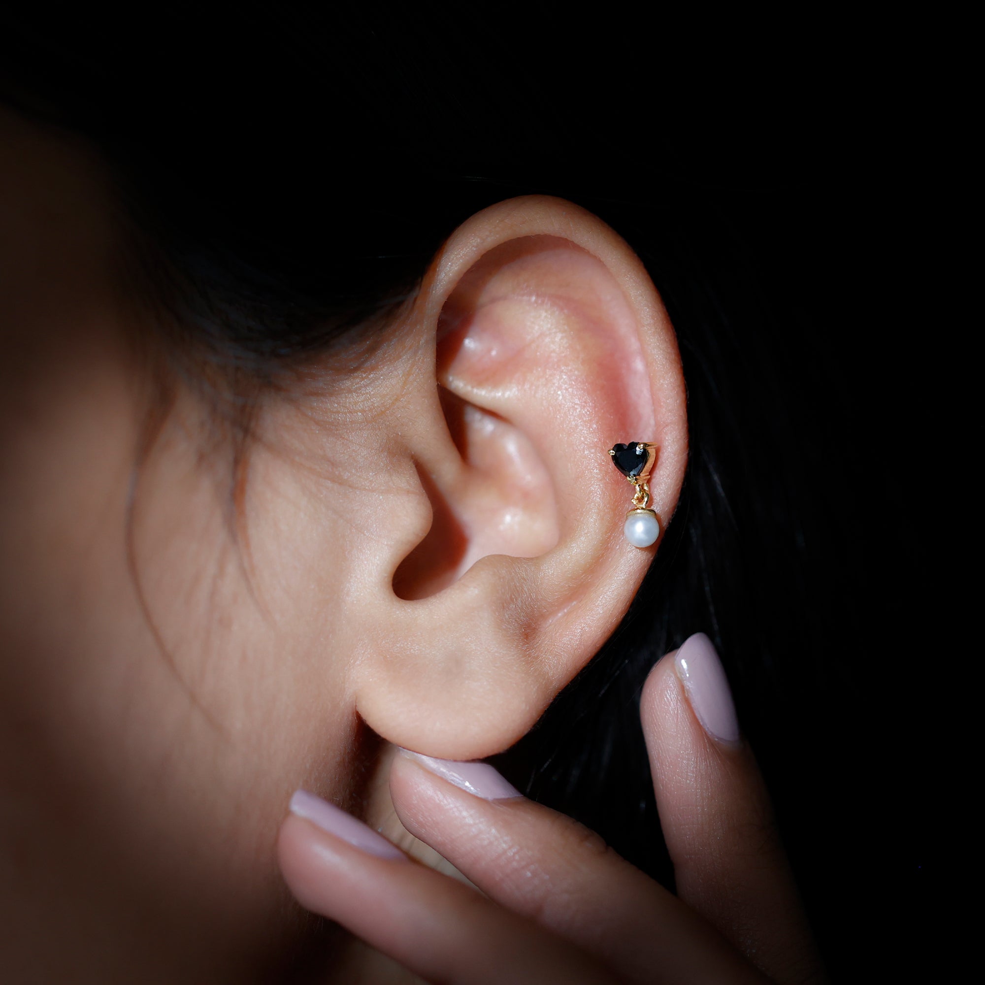 Rosec Jewels-Real Black Onyx Heart Helix Drop Earring with Freshwater Pearl