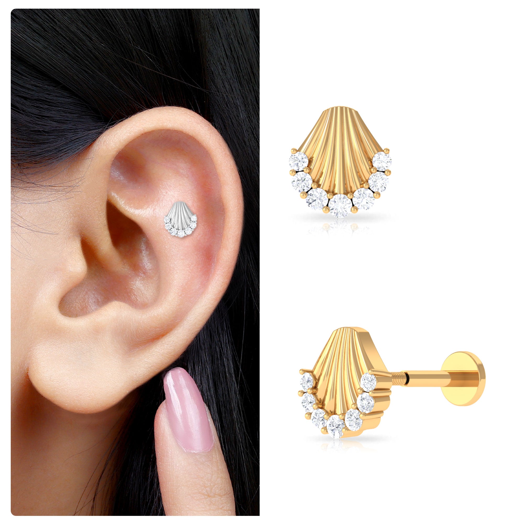 Rosec Jewels-Moissanite Sea Shell Cartilage Earring in Gold