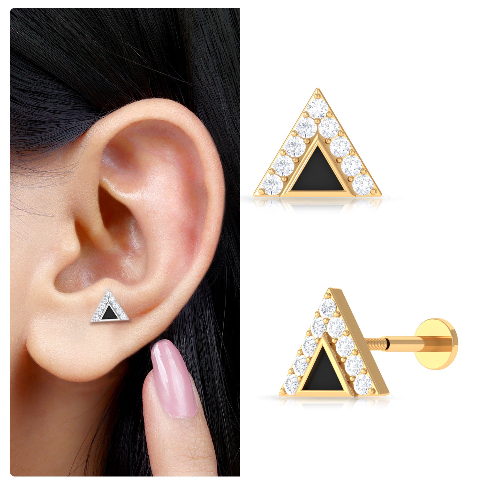 Rosec Jewels-Moissanite and Black Enamel Triangle Cartilage Earring