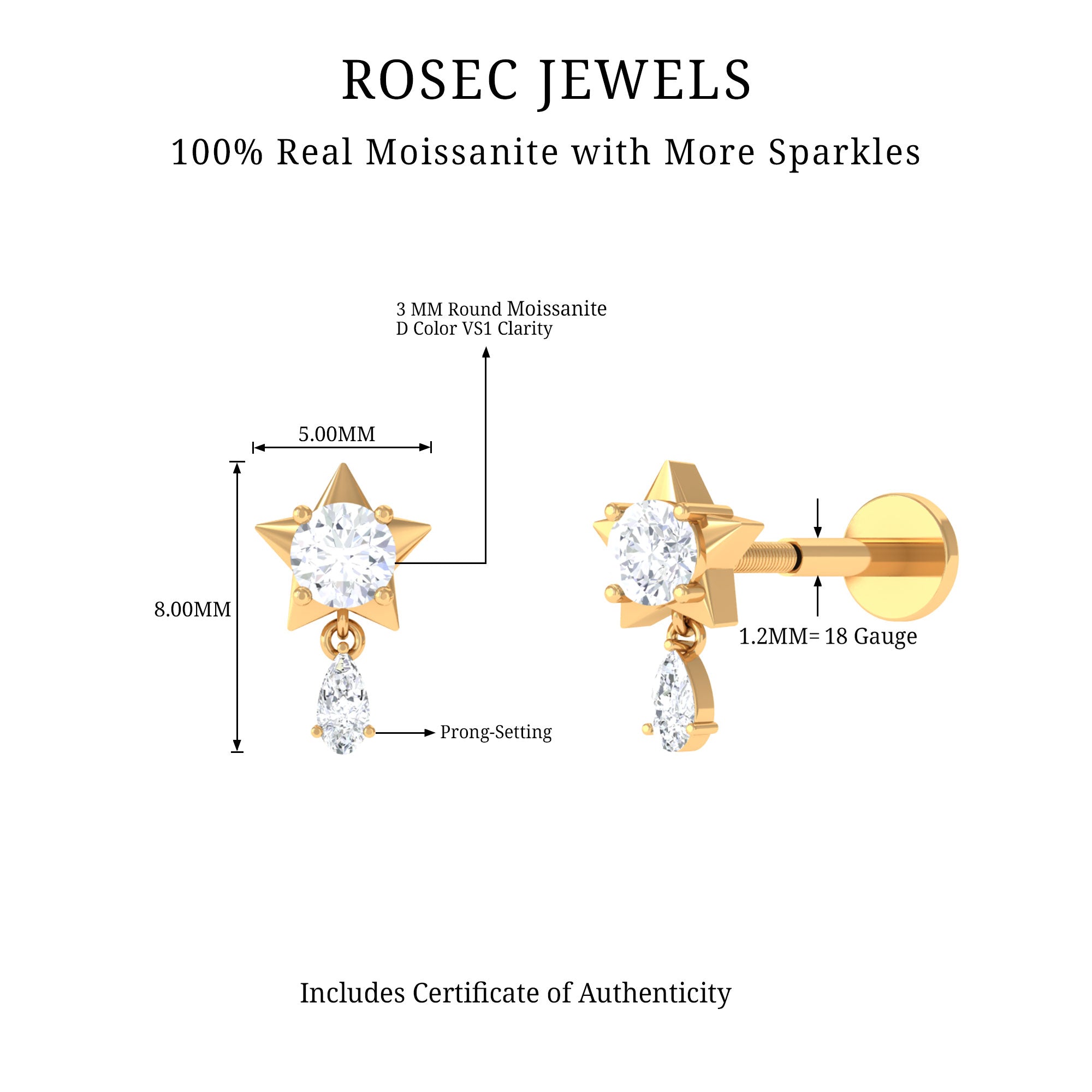 Rosec Jewels-Unique Moissanite Star Drop Earring for Cartilage Piercing