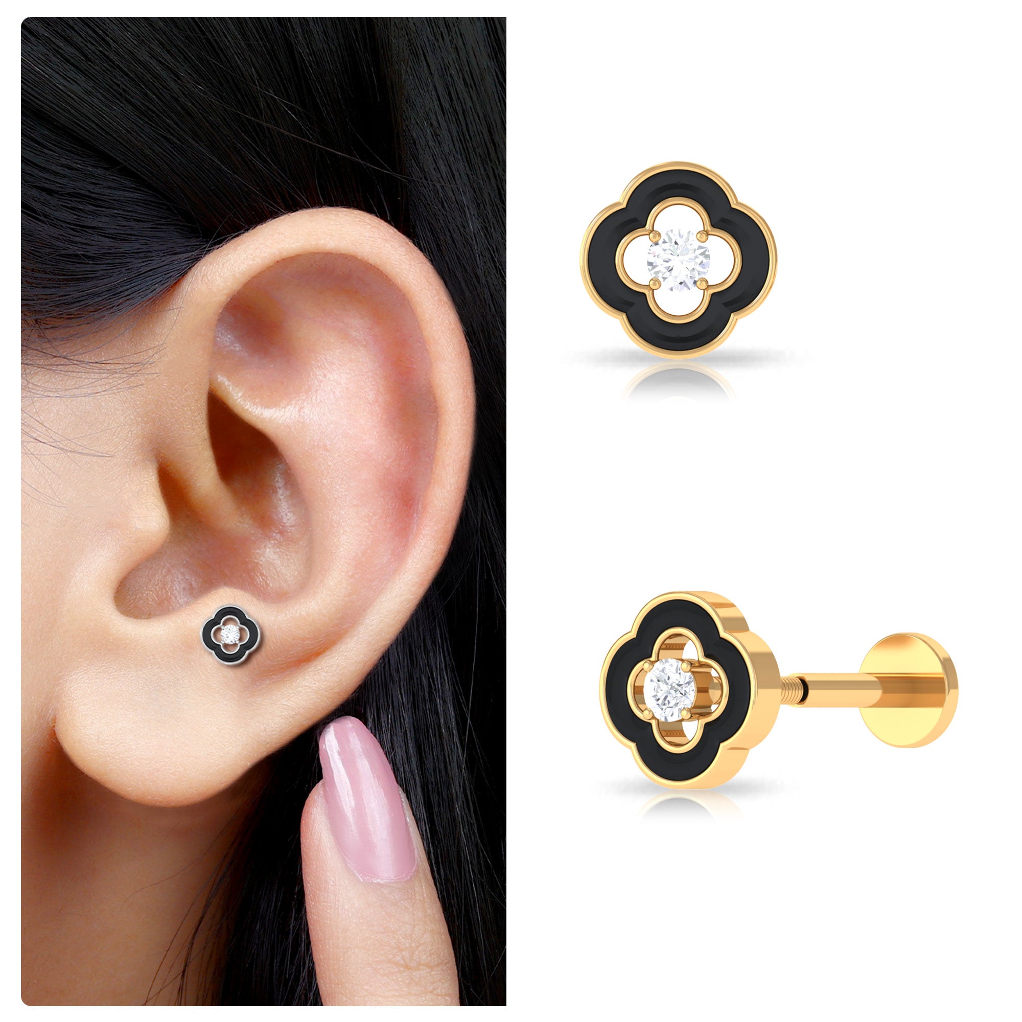 Rosec Jewels-Real Diamond Black Enamel Flower Cartilage Earring