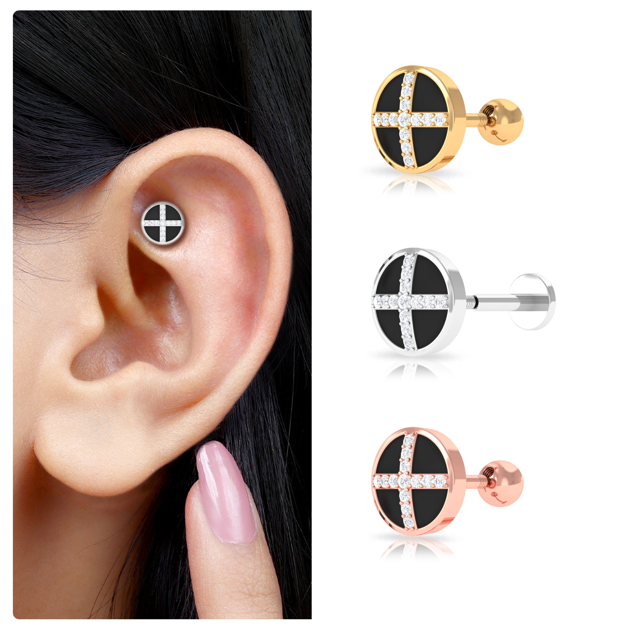 Rosec Jewels-Natural Diamond Black Enamel Circle Earring in Gold