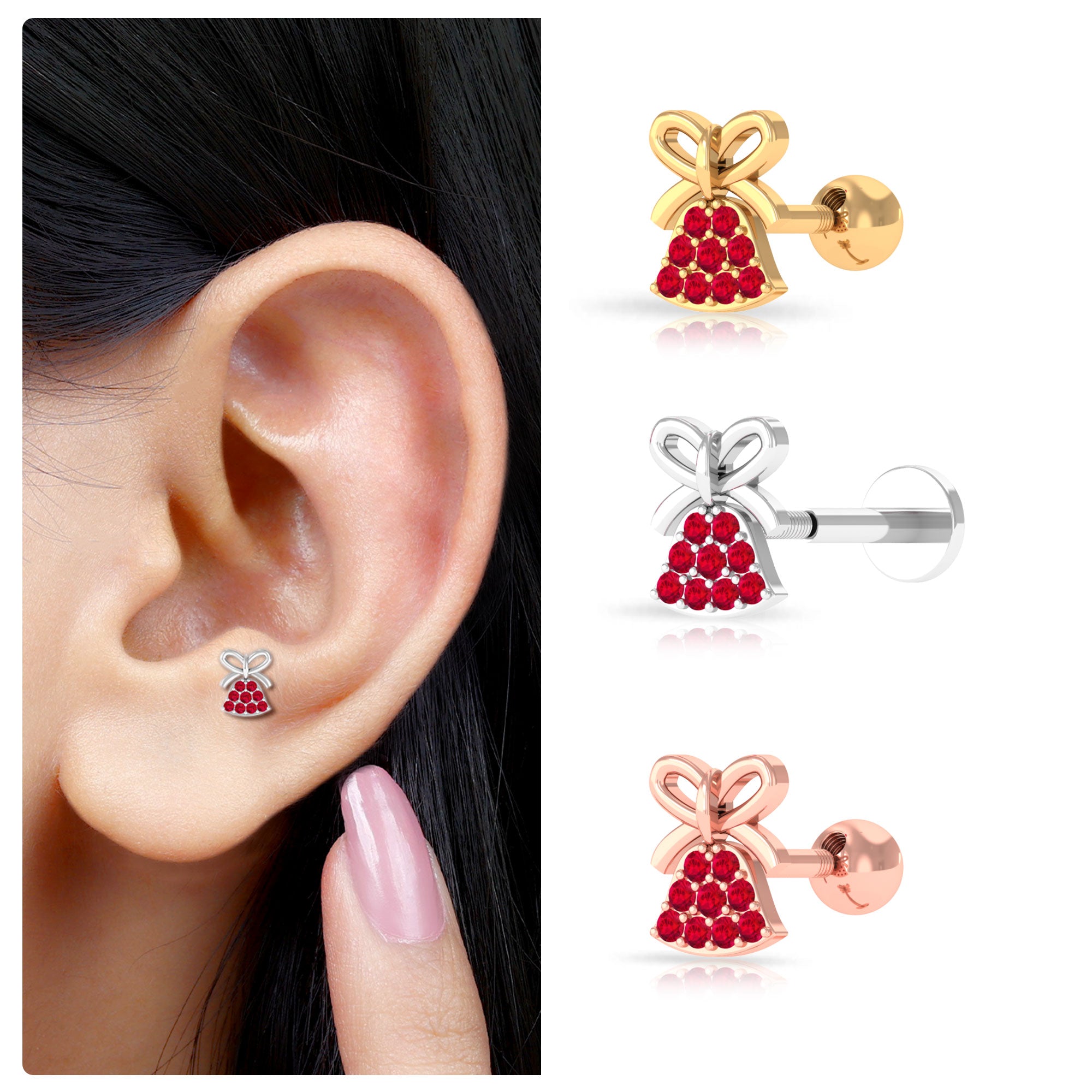 Rosec Jewels-Lab Created Ruby Xmas Bell and Bow Helix Earring in Gold