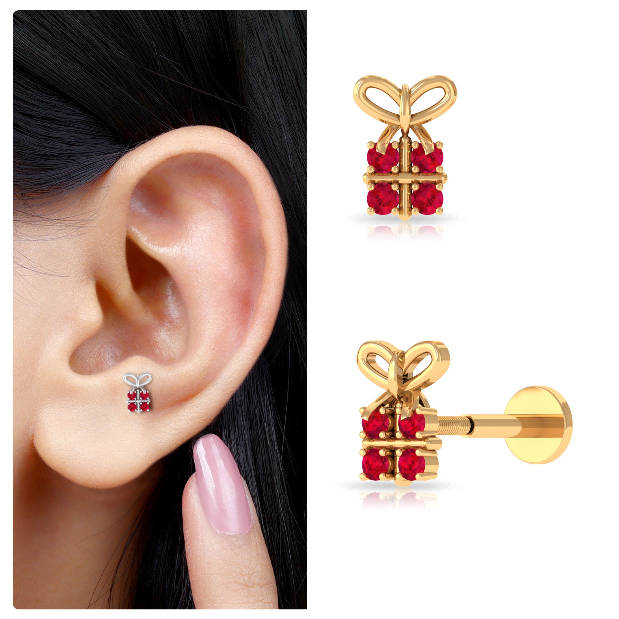 Rosec Jewels-Cute Lab Created Ruby Gift Box and Bow Cartilage Earring