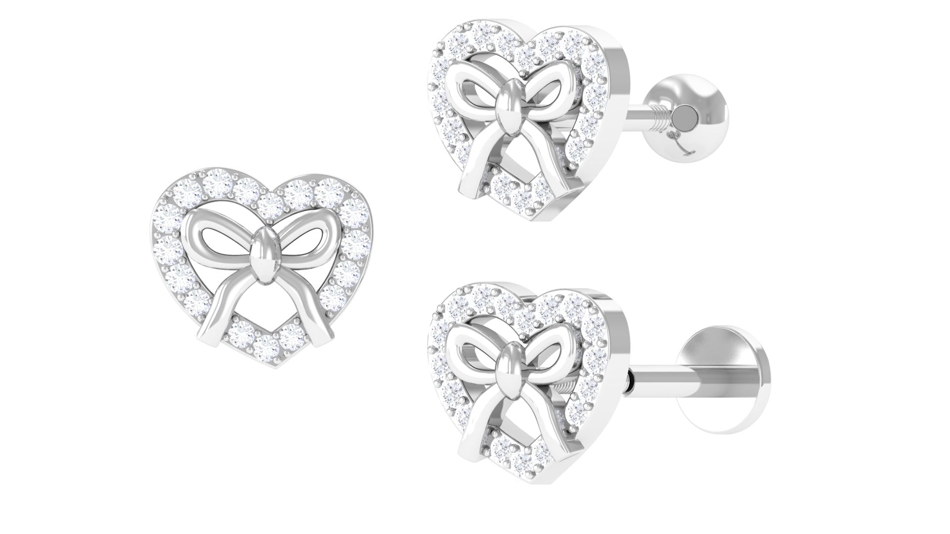 Rosec Jewels-Round Moissanite Cute Bow Heart Earring for Cartilage Piercing