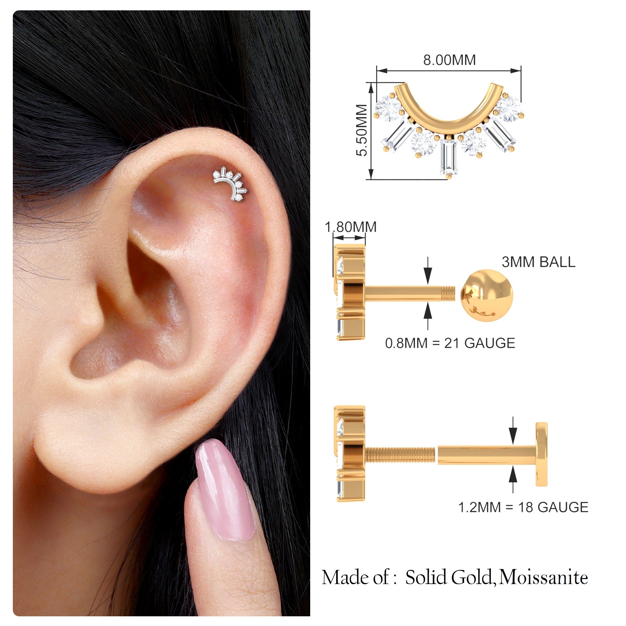 Rosec Jewels-Baguette and Round Moissanite Curved Helix Earring