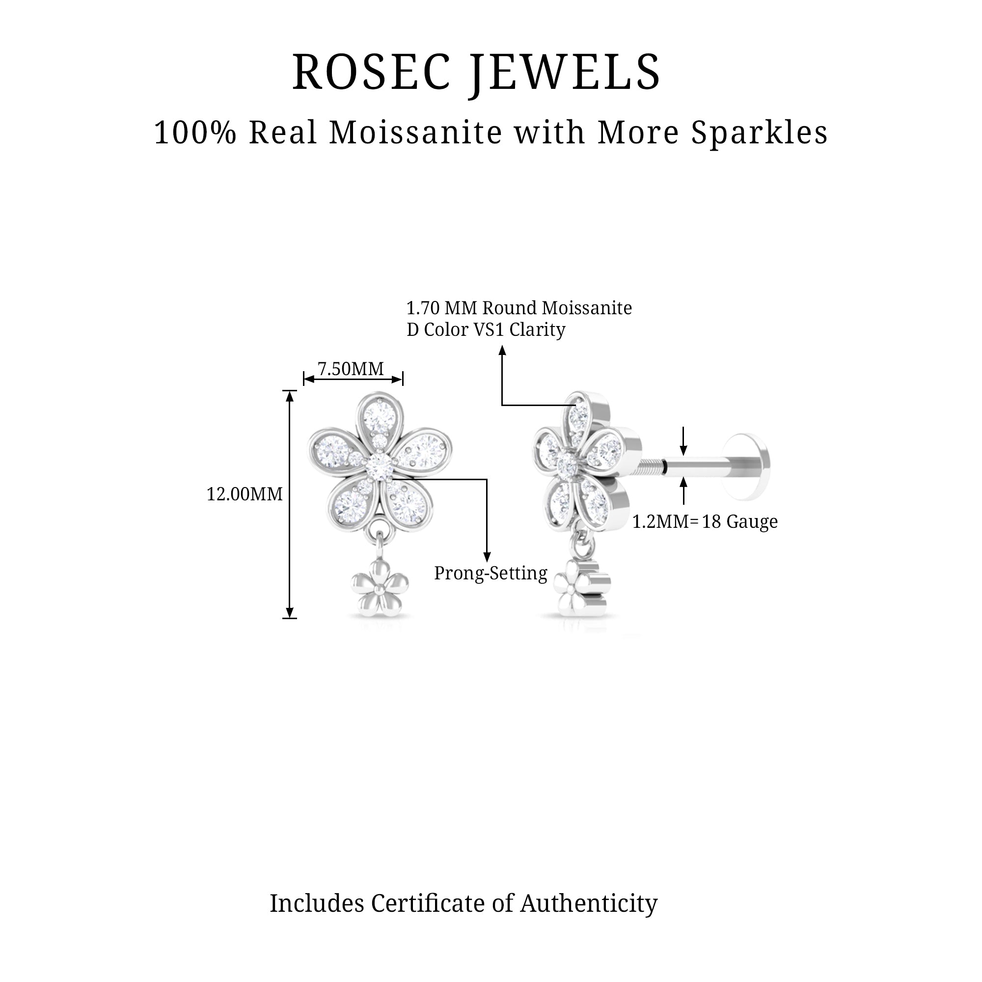 Rosec Jewels-Moissanite Flower Drop Earring for Helix Piercing